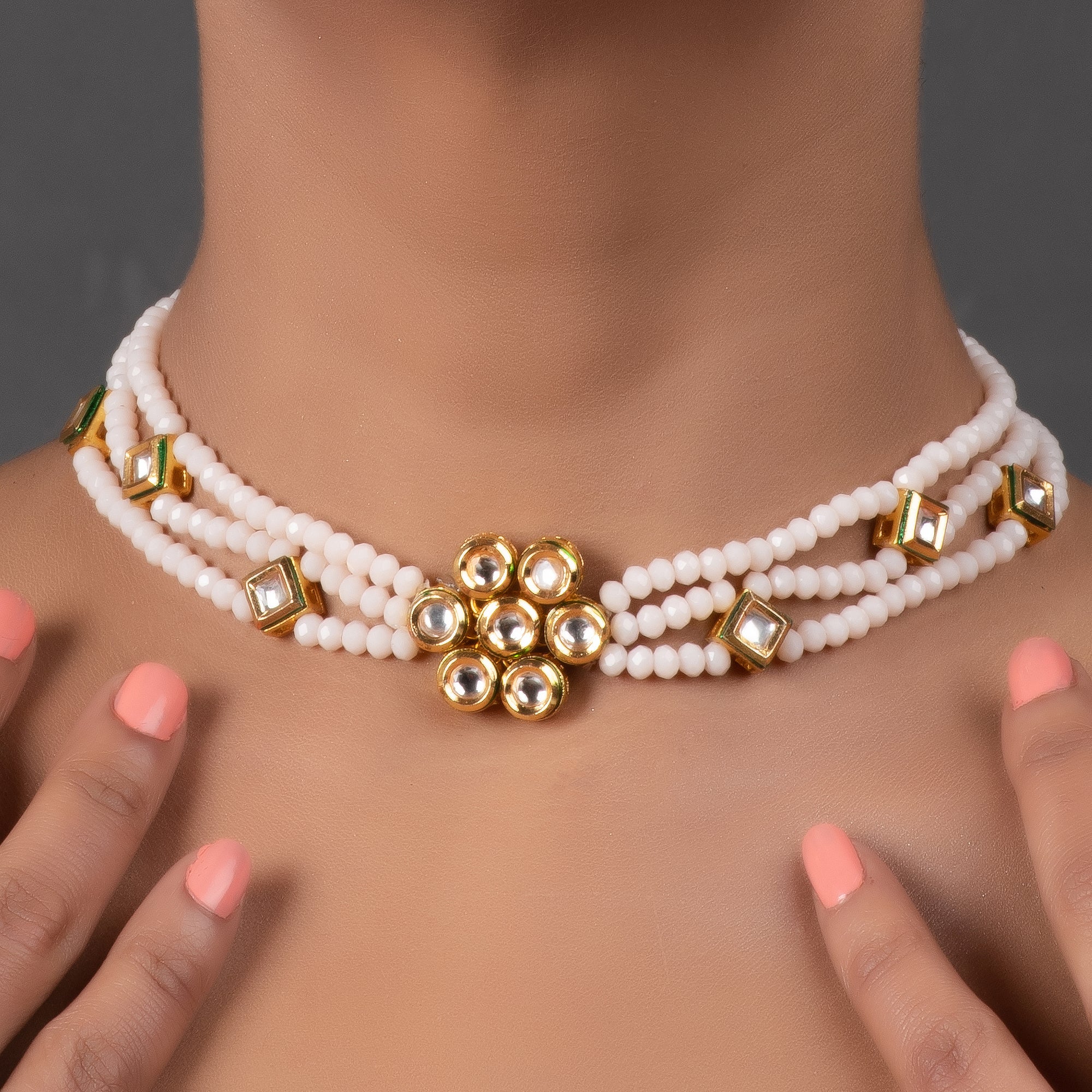 White Gold tone Kundan onyx Choker