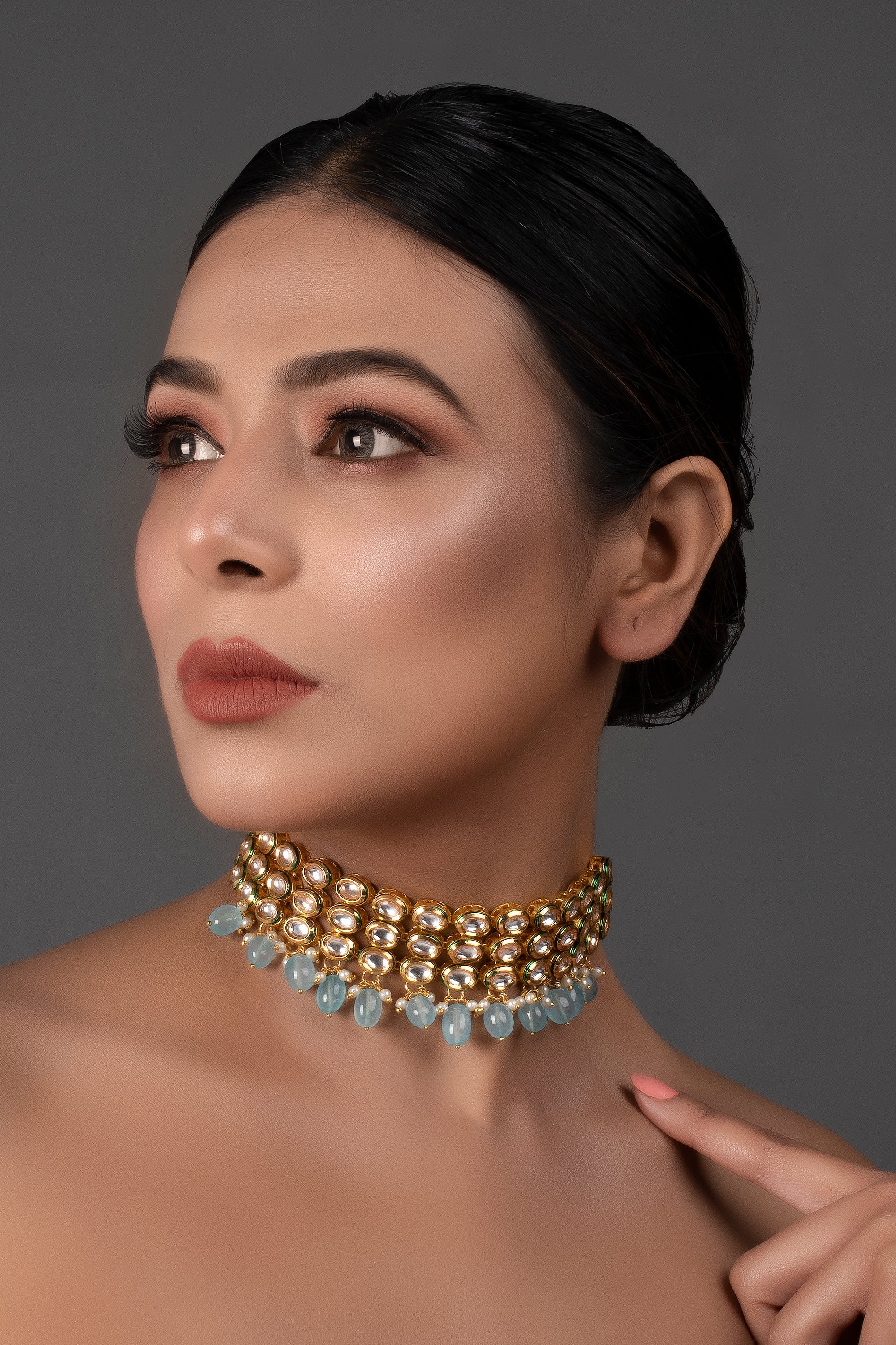 Blue Gold Tone Kundan Beaded Choker Necklace