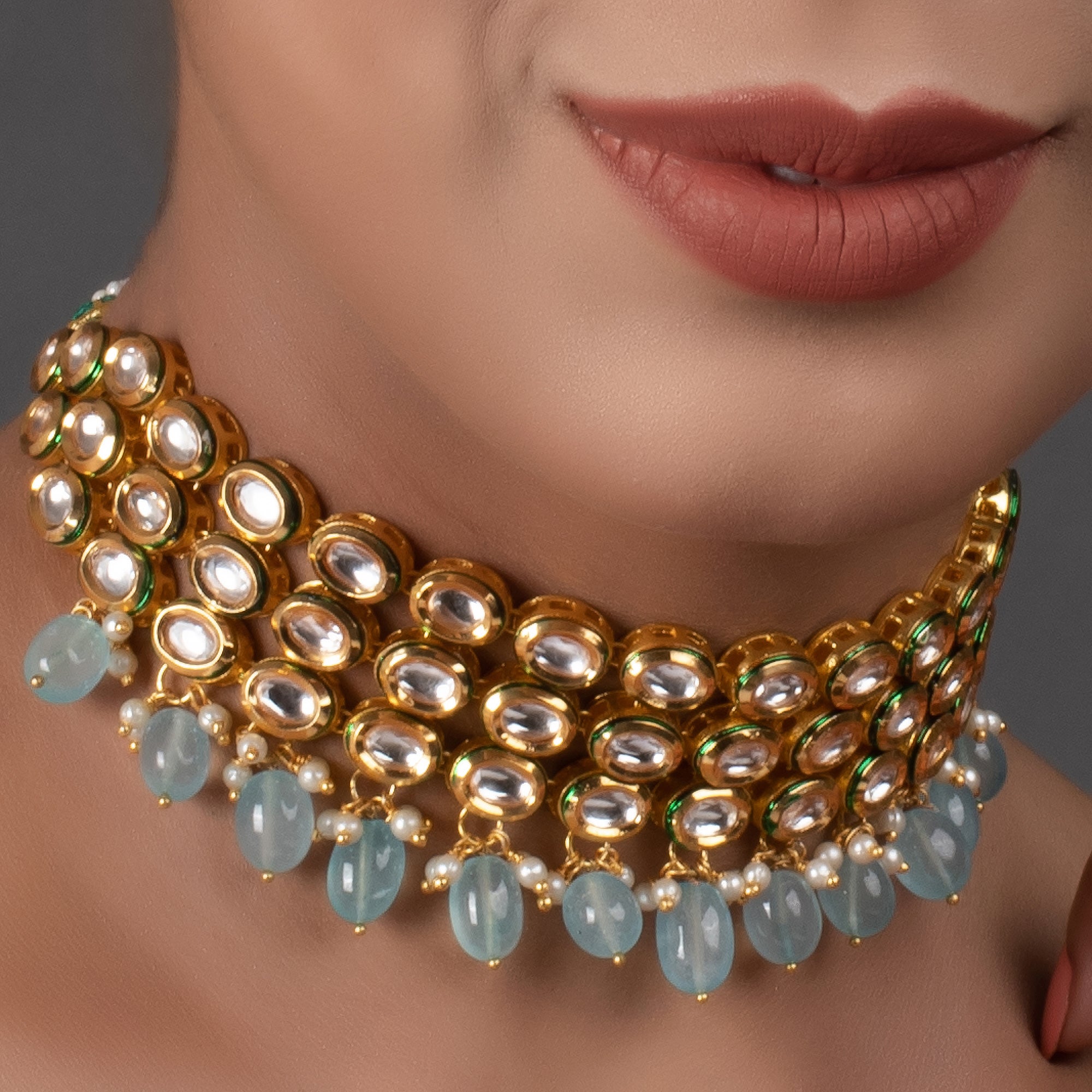 Blue Gold Tone Kundan Beaded Choker Necklace