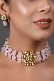 Pink mahroon beaded Gold Tone Kundan Inspired choker necklace with earrings