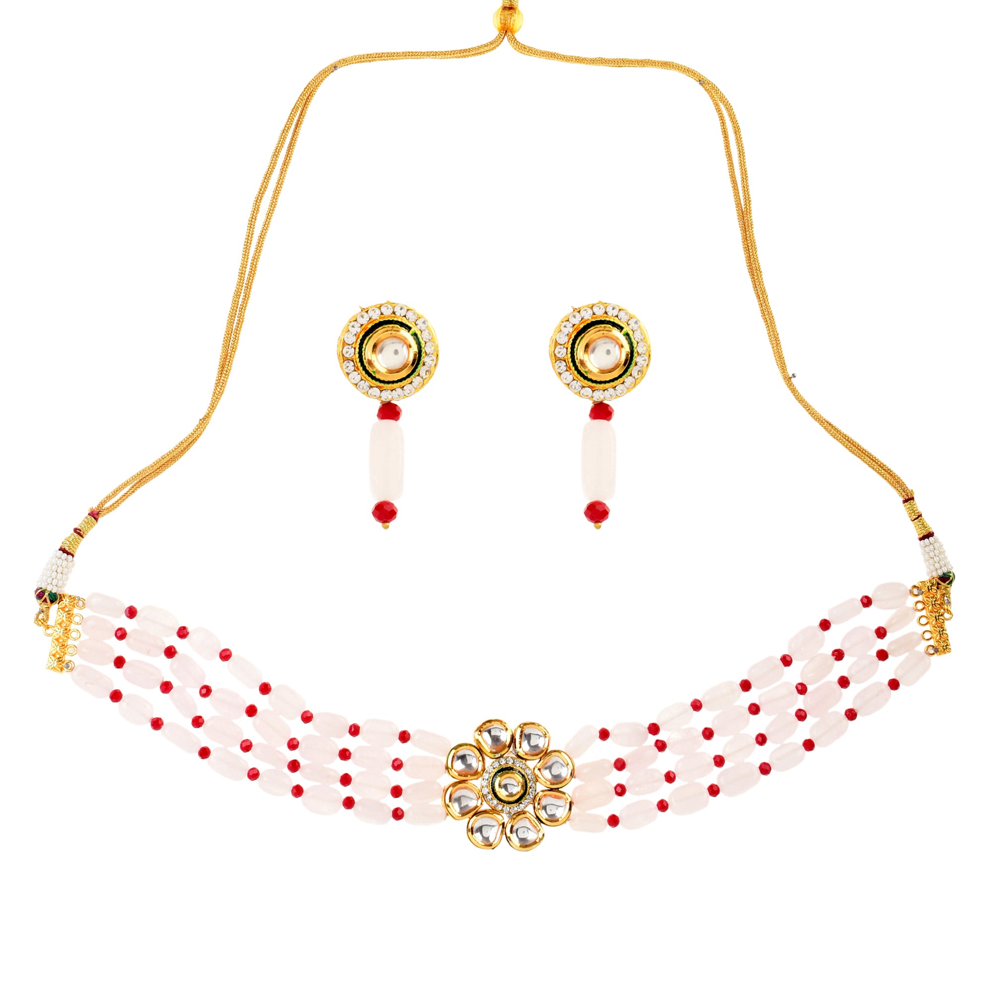Pink mahroon beaded Gold Tone Kundan Inspired choker necklace with earrings