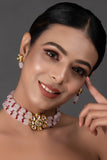 Pink mahroon beaded Gold Tone Kundan Inspired choker necklace with earrings