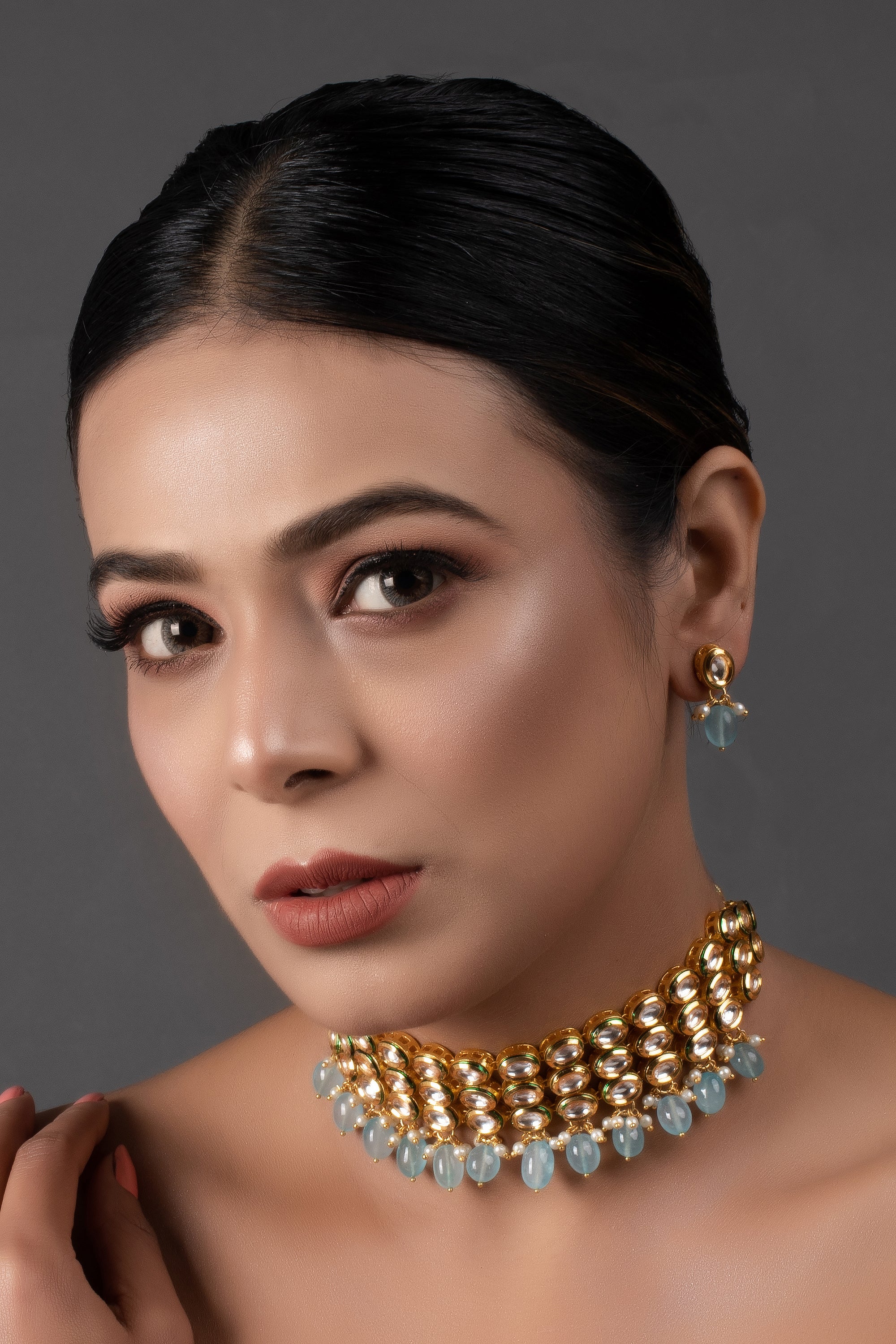 Blue Gold Tone Kundan Beaded Choker Necklace with earrings