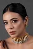 Blue Gold Tone Kundan Beaded Choker Necklace with earrings