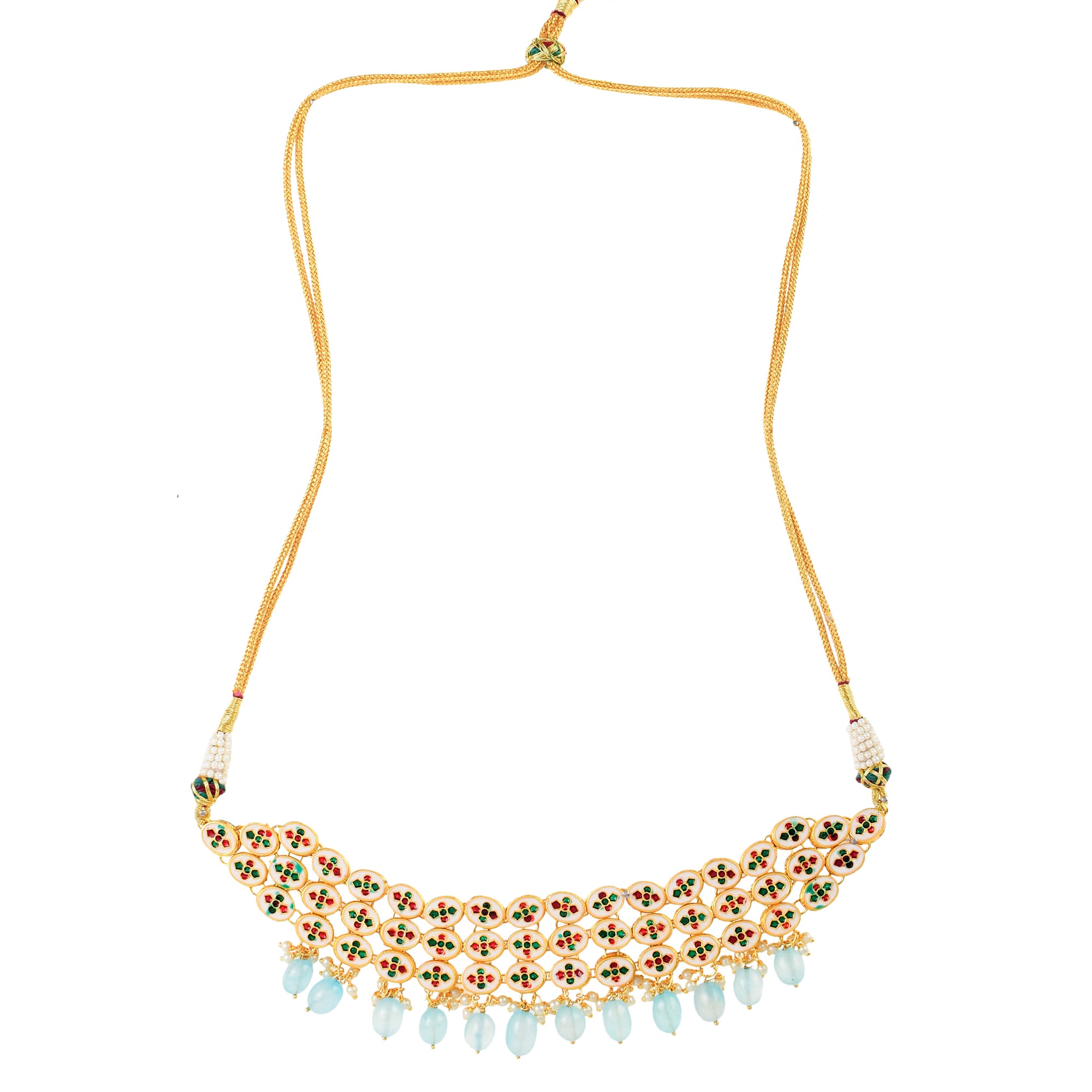 Blue Gold Tone Kundan Beaded Choker Necklace with earrings