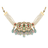 Pastel Blue and pink tanjore beaded handcrafted Kundan Necklace with earrings