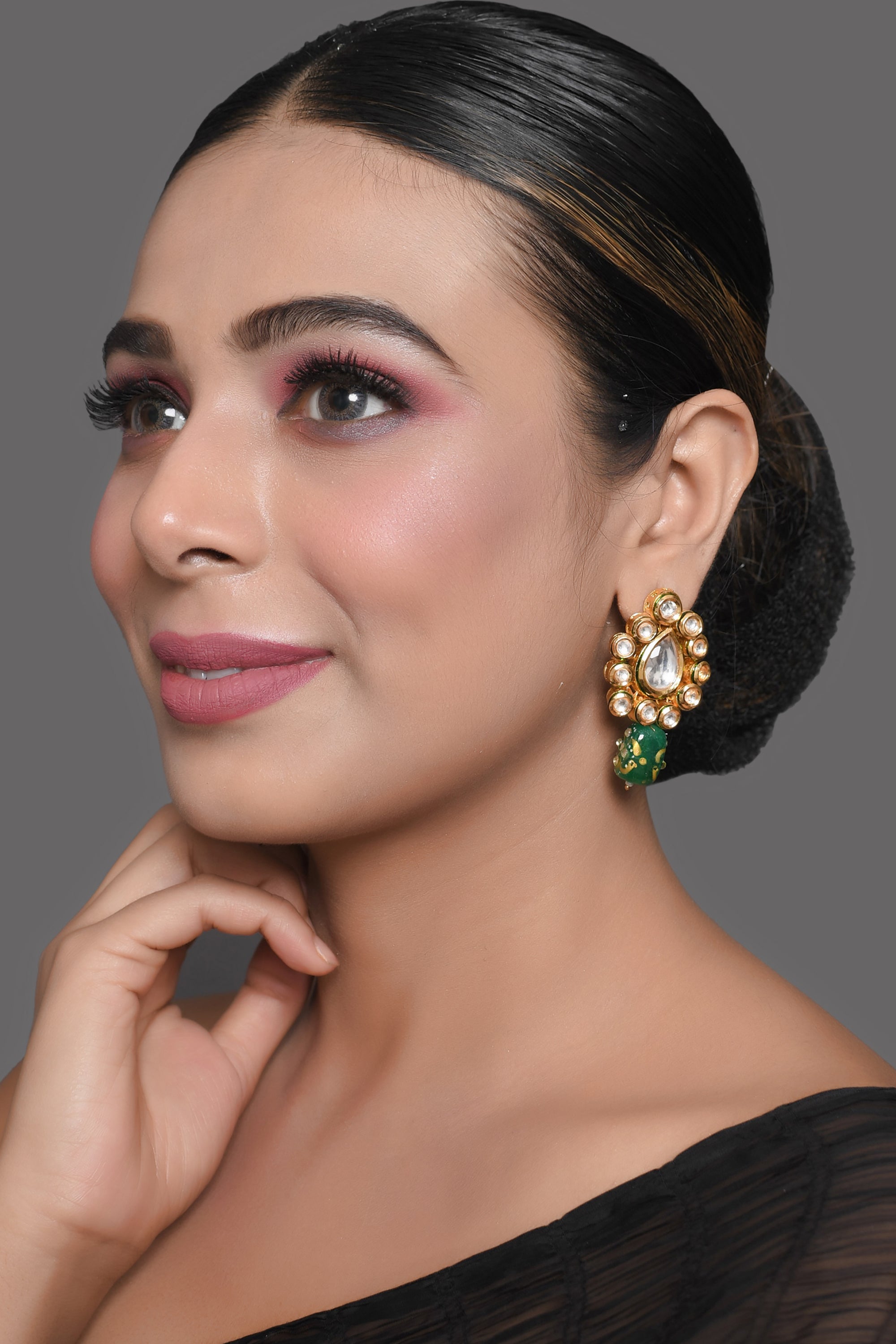 Gold toned green beaded Kundan earring