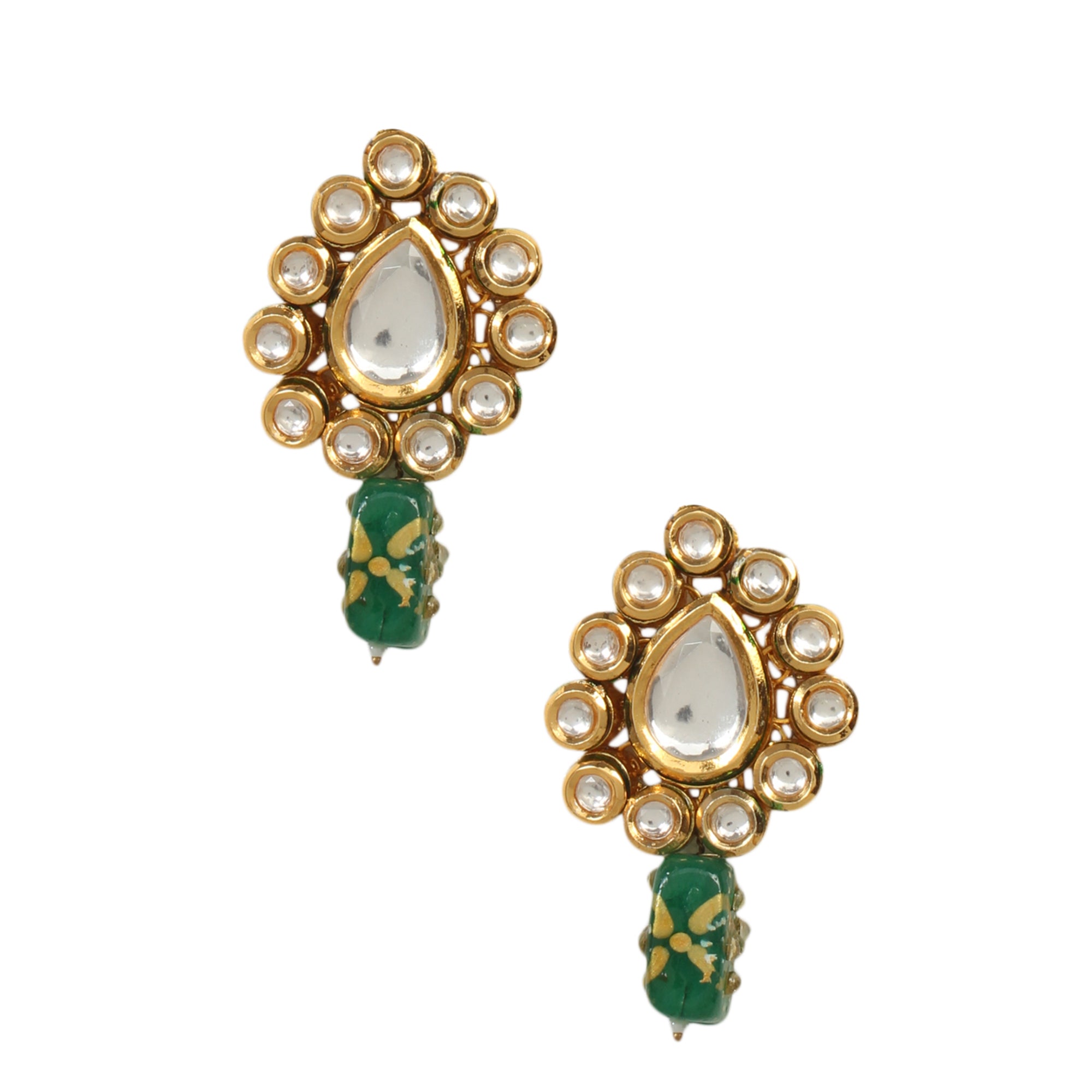 Gold toned green beaded Kundan earring