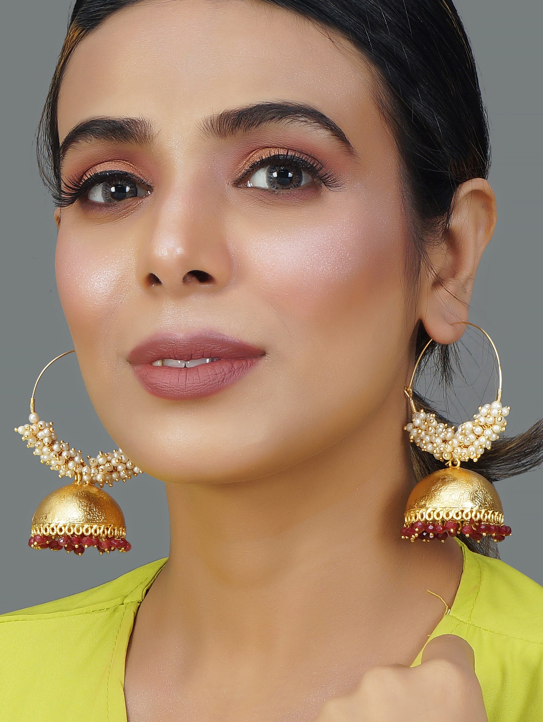 Pink Gold Tone Pearl Beaded Earrings