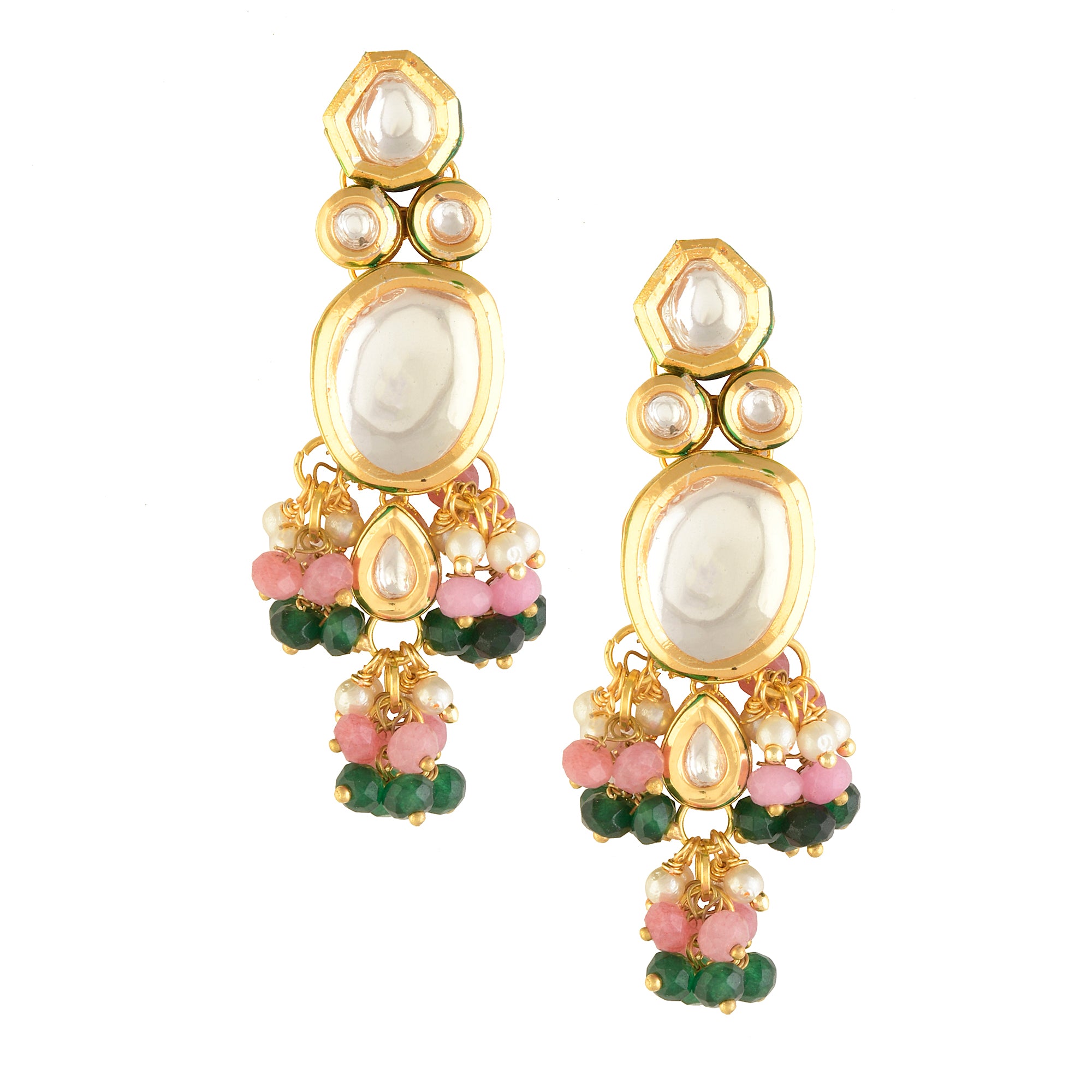 Pink Green Gold Tone Kundan Earrings