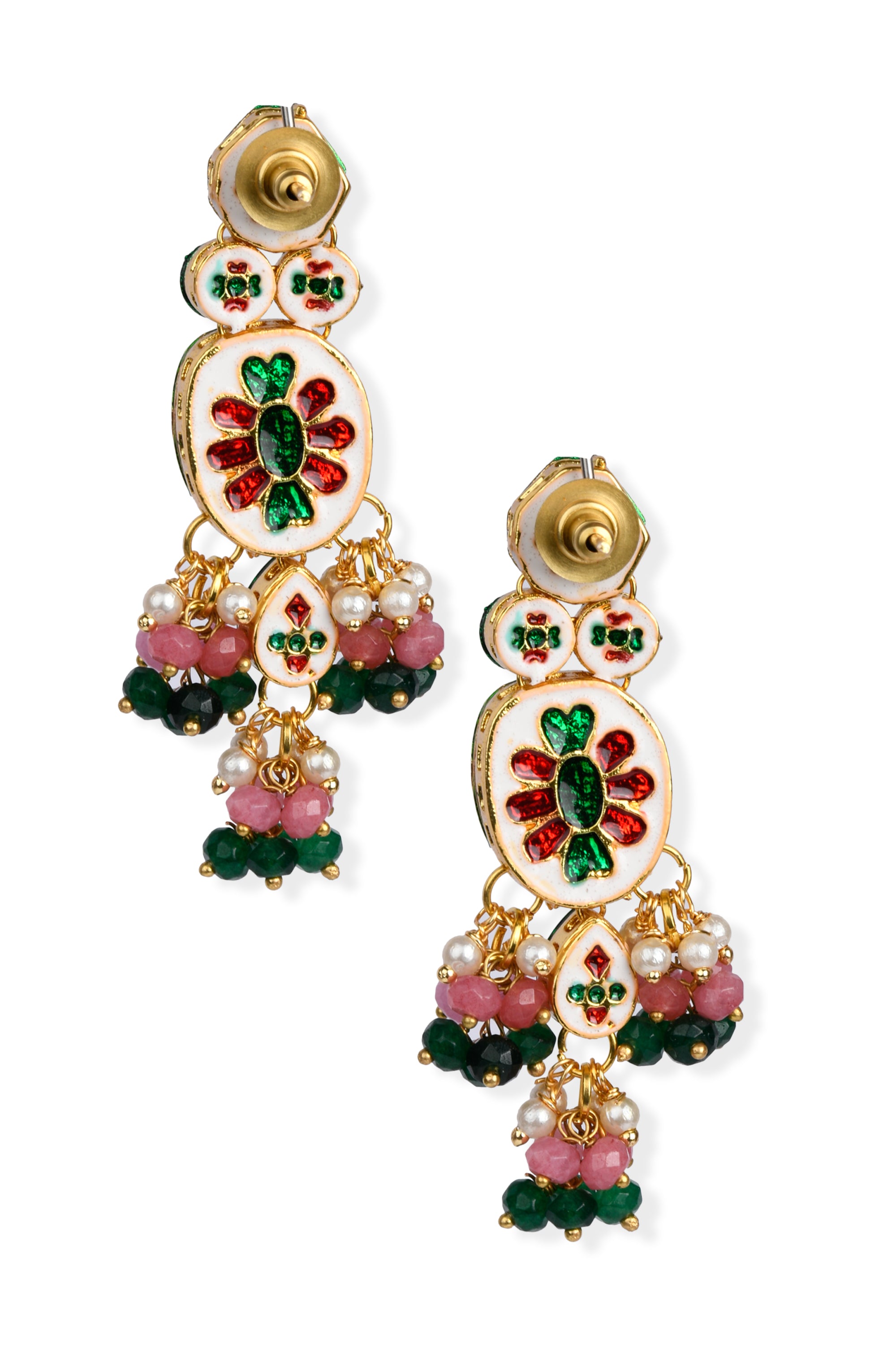 Pink Green Gold Tone Kundan Earrings