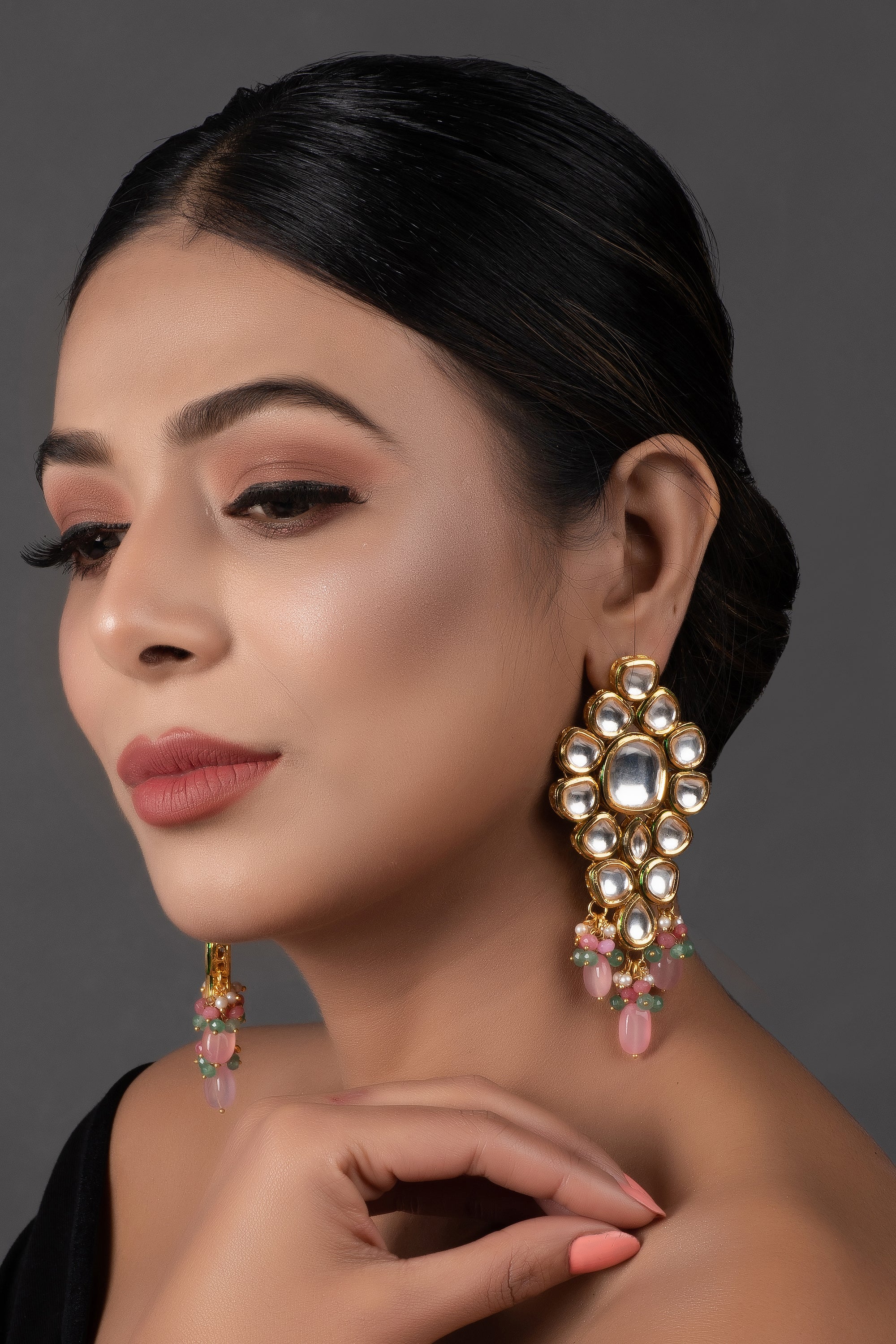 Handcrafted Pink Green Gold Tone Kundan Earrings