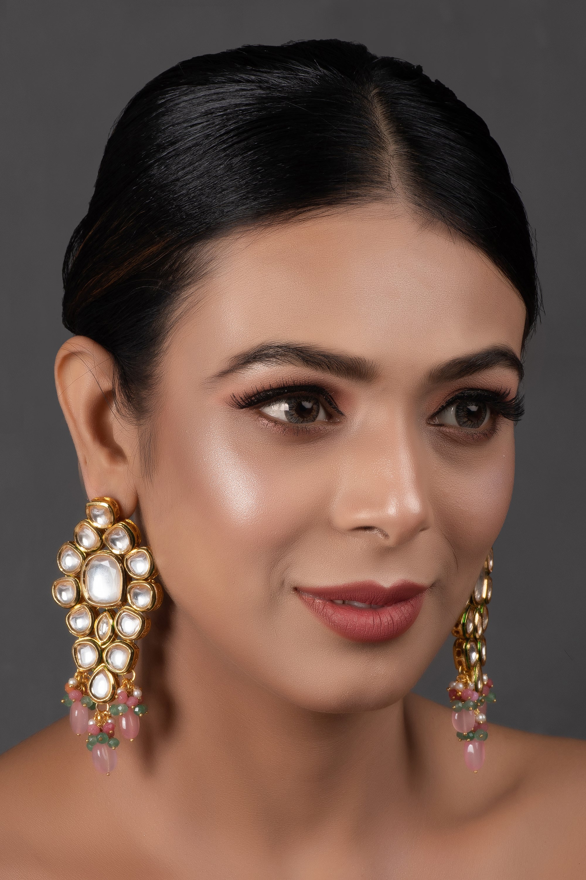 Handcrafted Pink Green Gold Tone Kundan Earrings