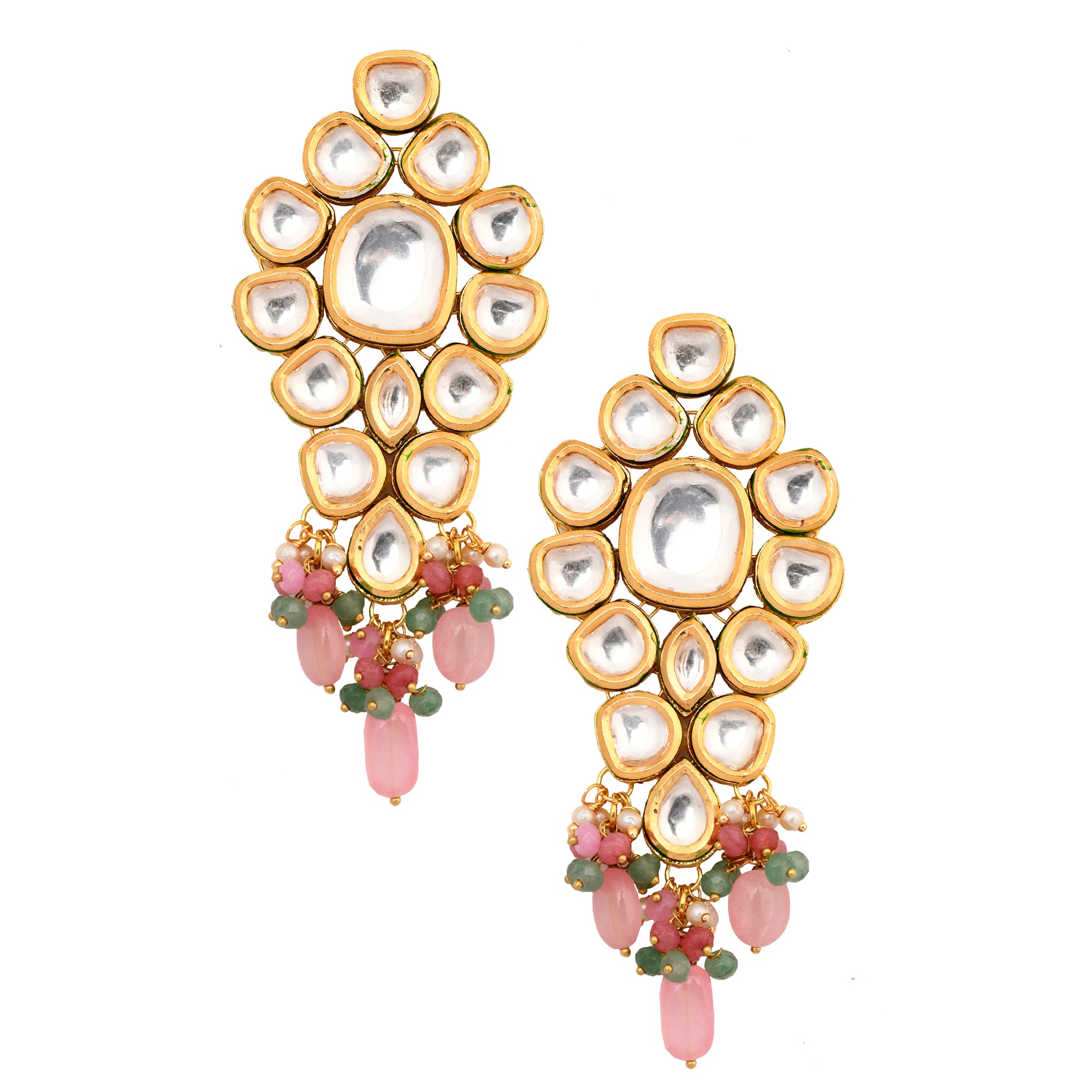 Handcrafted Pink Green Gold Tone Kundan Earrings