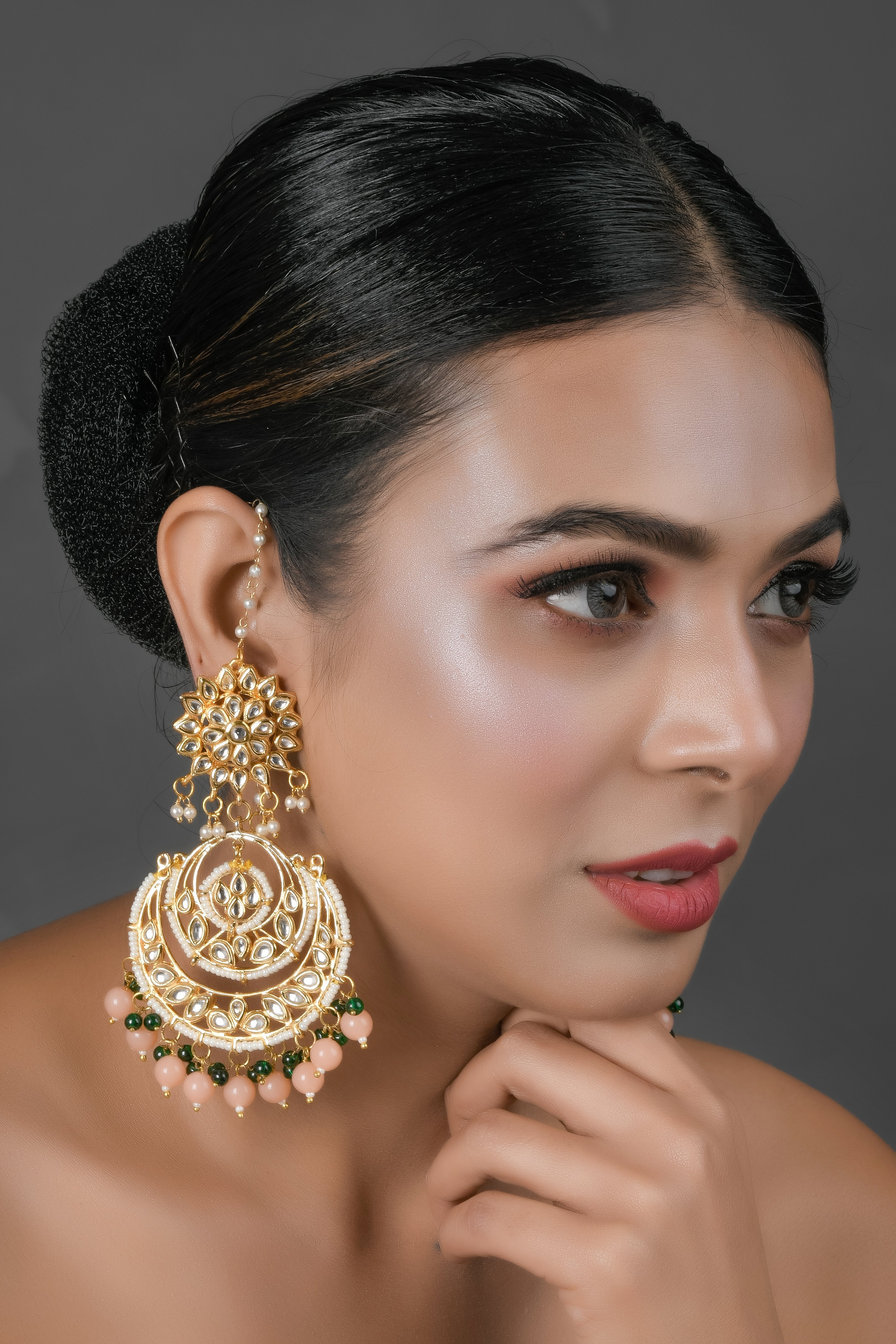 Peach beaded Kundan Chandbali