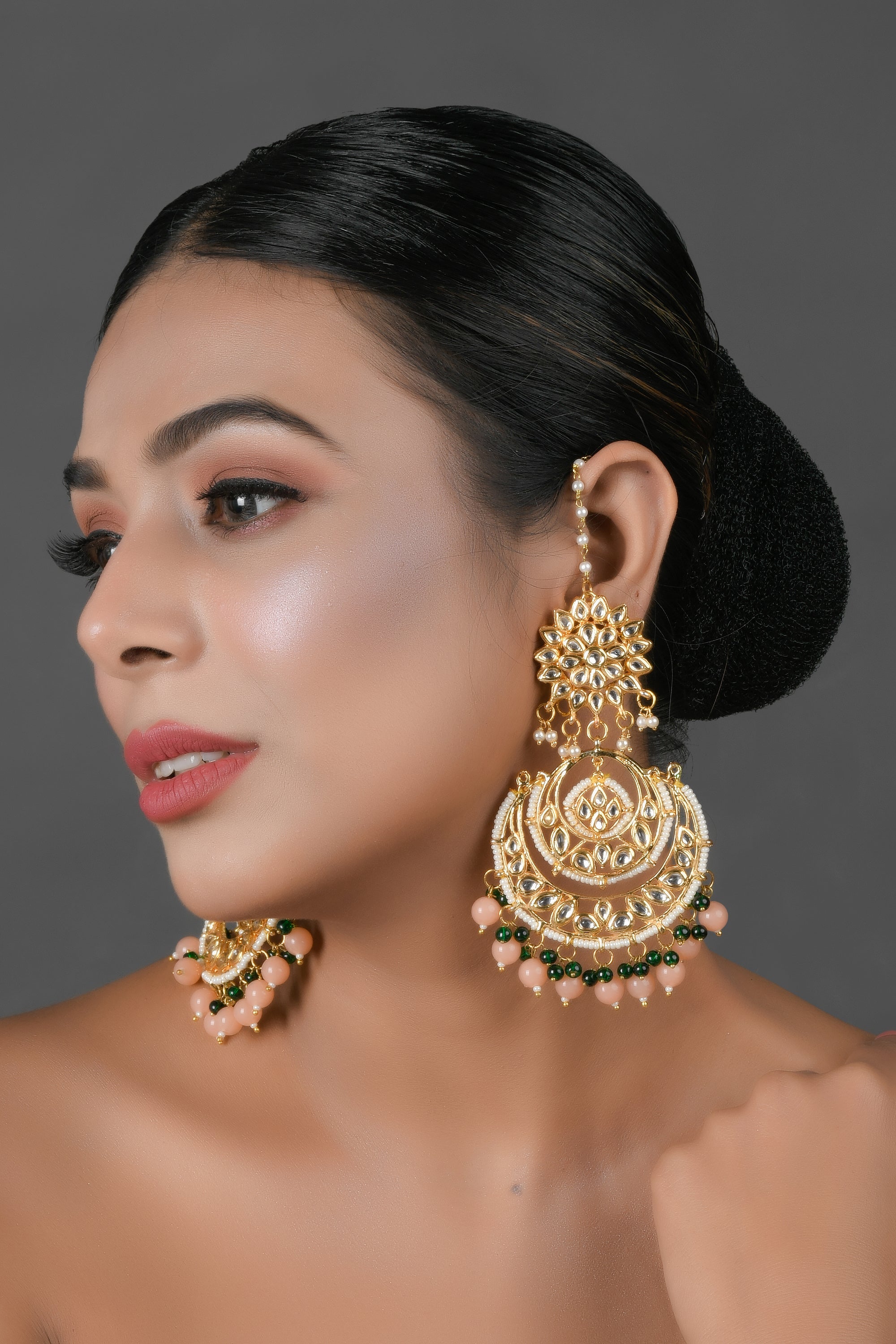 Peach beaded Kundan Chandbali