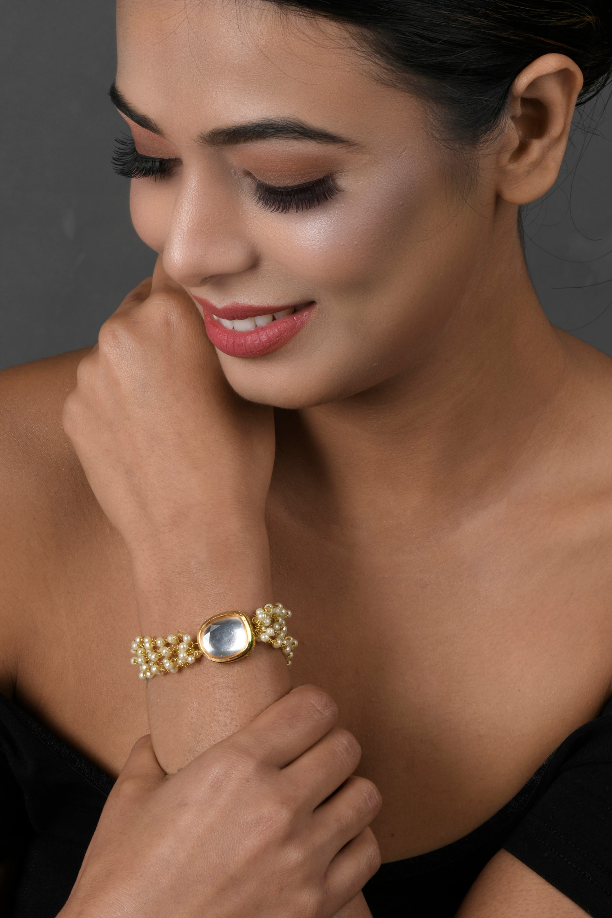 Gold-Toned & White Kundan Charm Bracelet