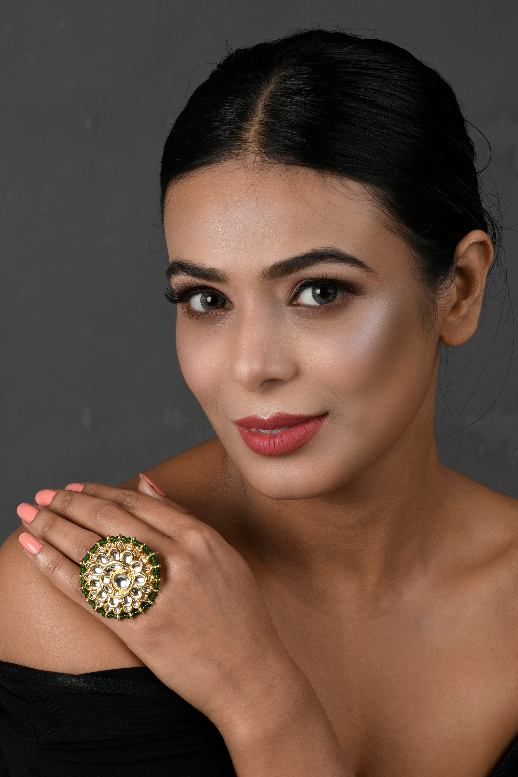 Classic Gold Tone Kundan-Inspired Pearl Beaded Adjustable Ring
