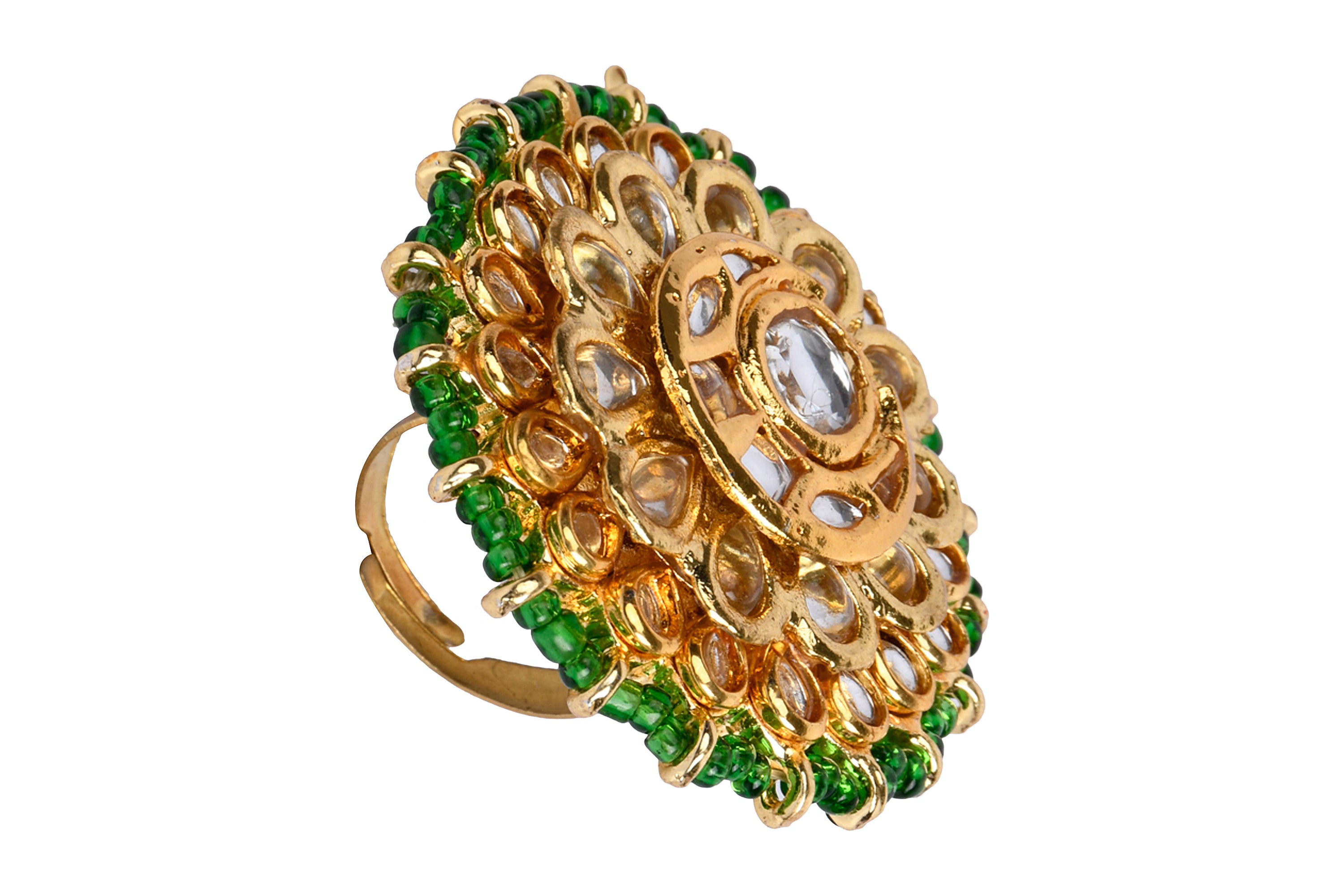 Classic Gold Tone Kundan-Inspired Pearl Beaded Adjustable Ring
