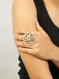 Classic Gold Tone Kundan-Inspired Pearl Beaded Adjustable Ring