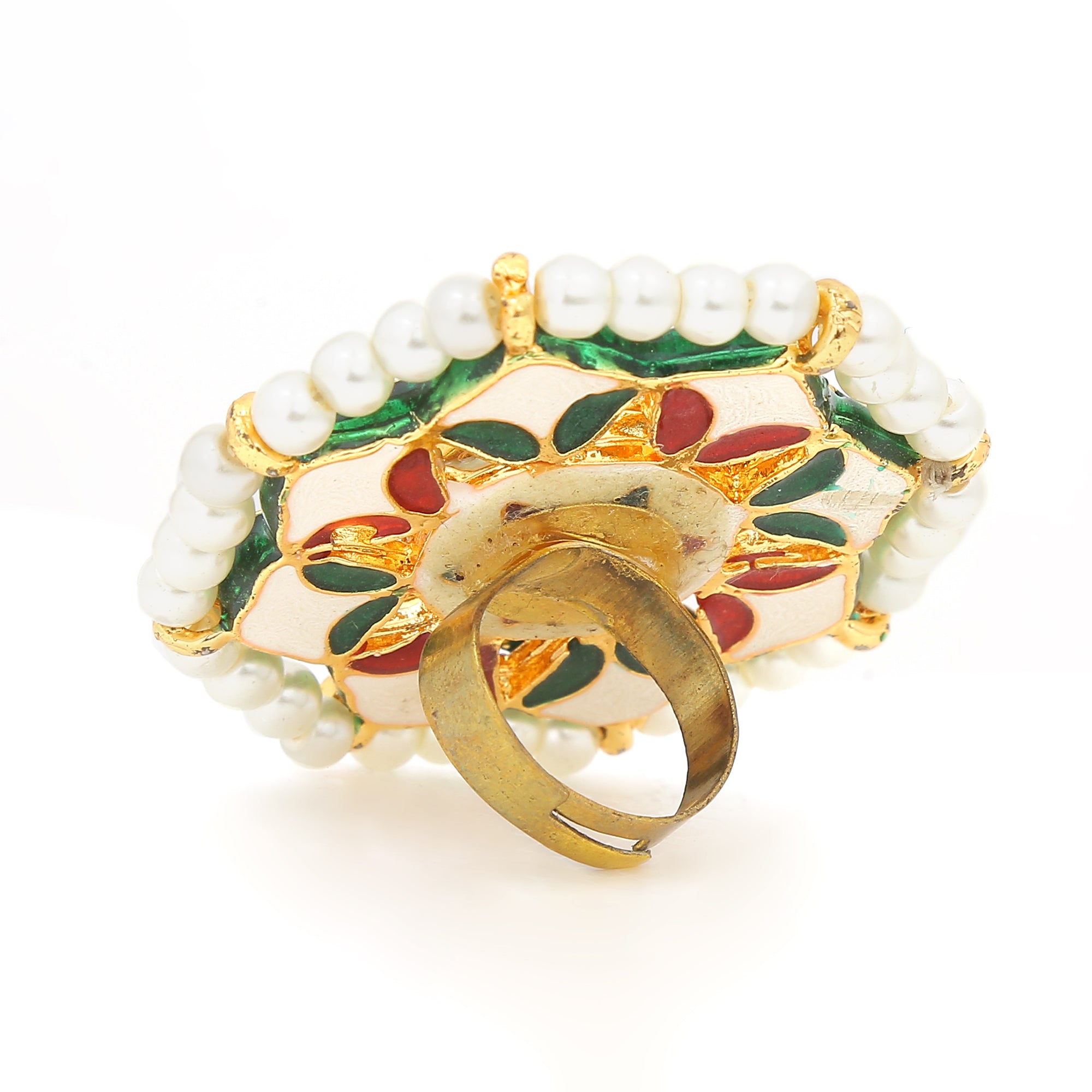 Classic Gold Tone Kundan-Inspired Pearl Beaded Adjustable Ring