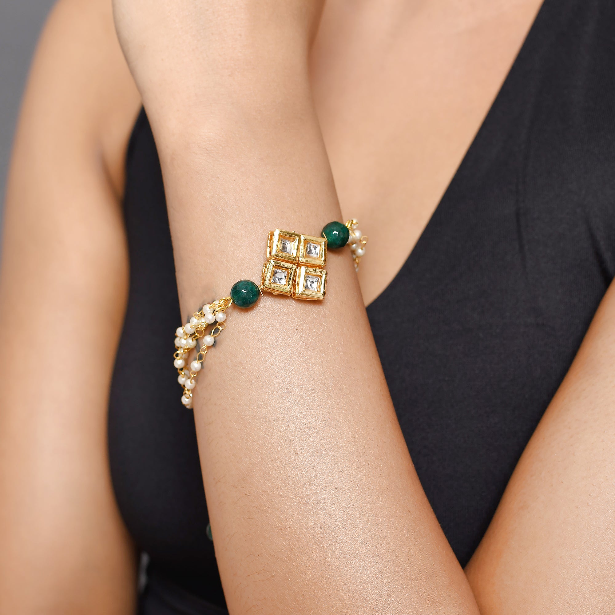 Green White Gold Tone Kundan Bracelet