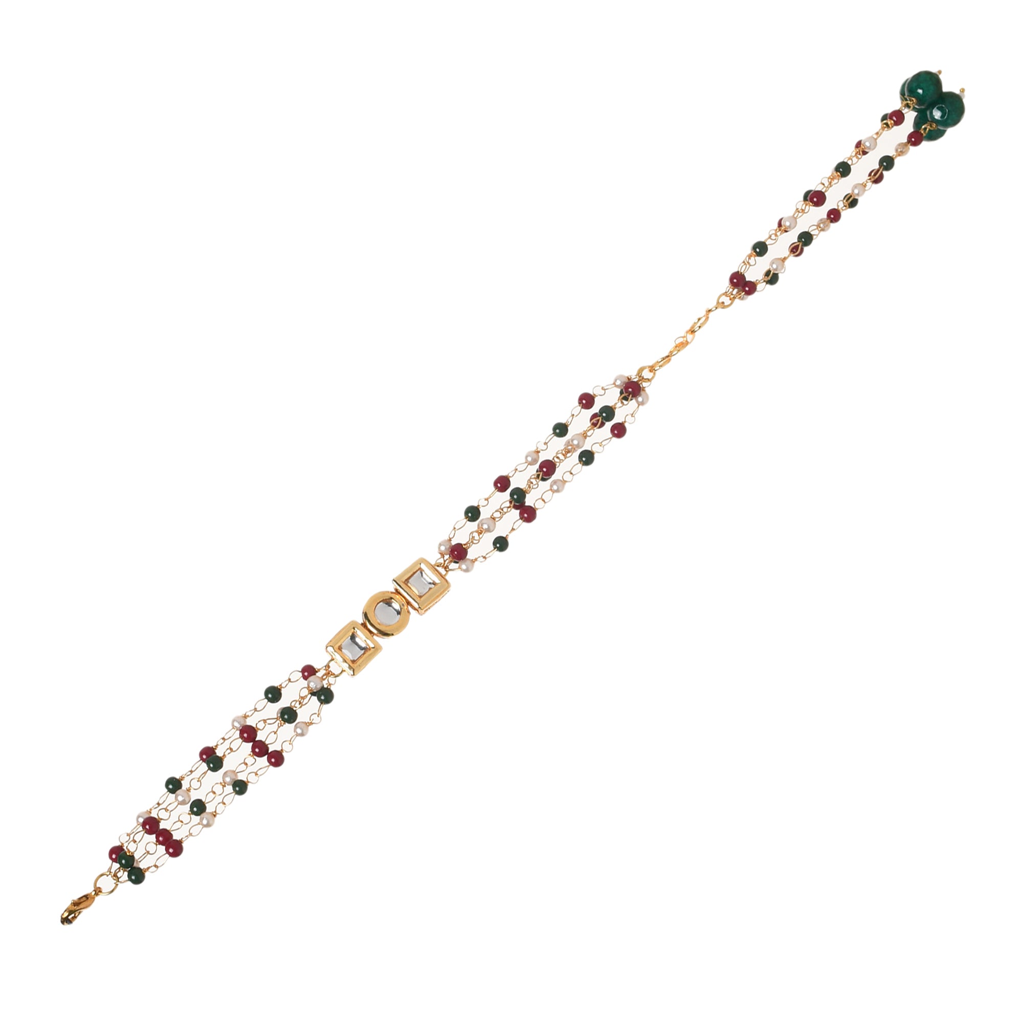 Red Green beaded Gold tone Kundan bracelet