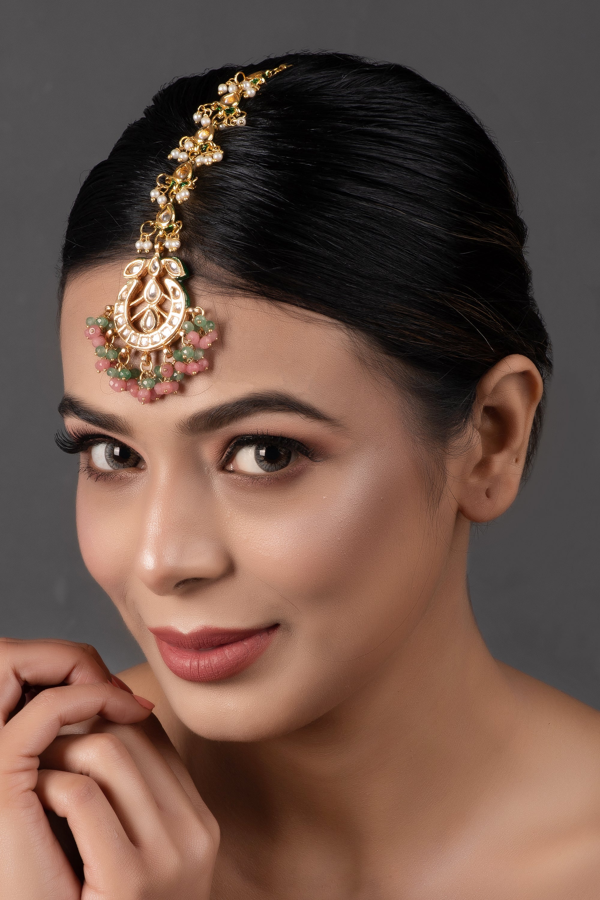 Pink Green Gold toned Kundan Maang Tikka