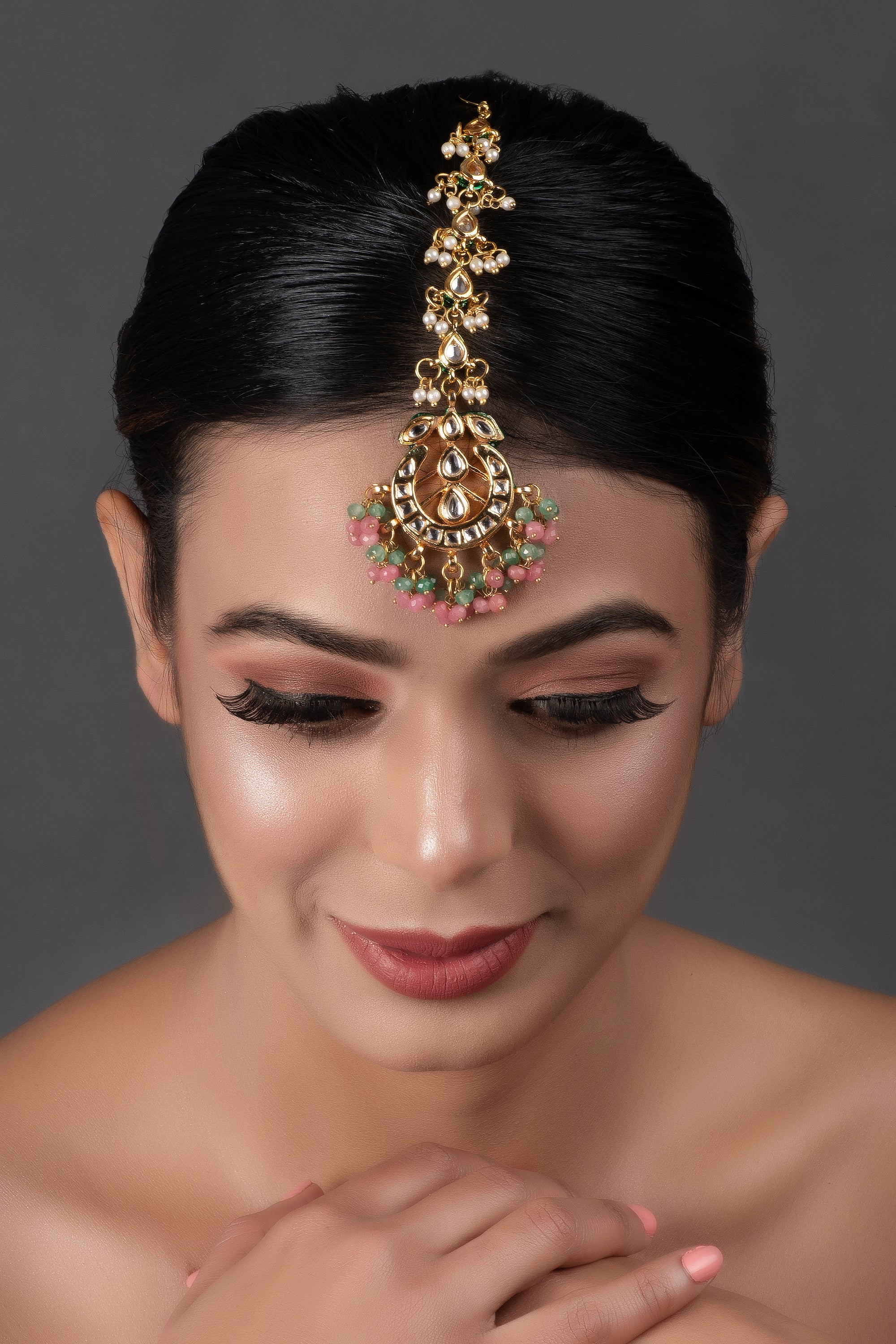 Pink Green Gold toned Kundan Maang Tikka