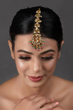 Pink Green Gold toned Kundan Maang Tikka