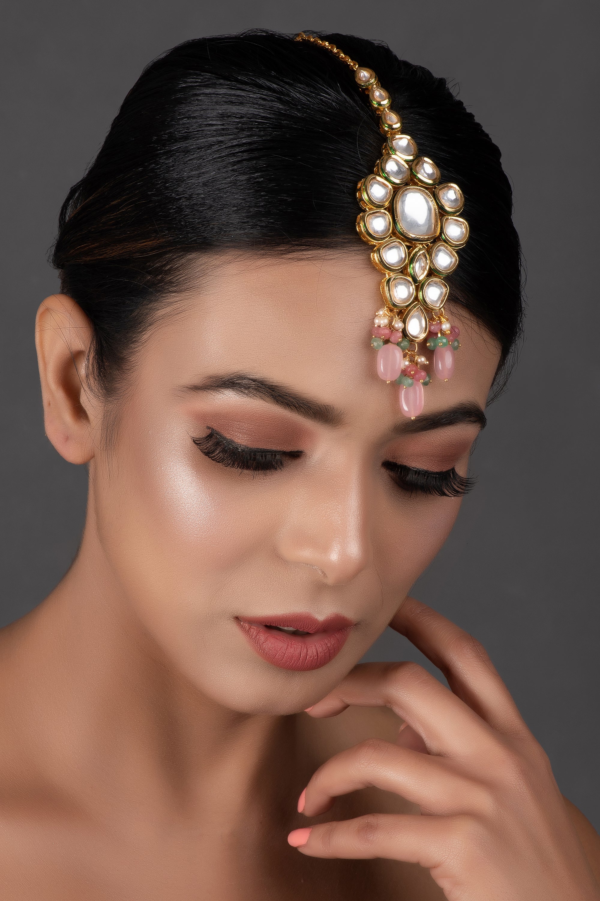 Pink Beaded Gold Tone Kundan Handcrafted Maang Tikka