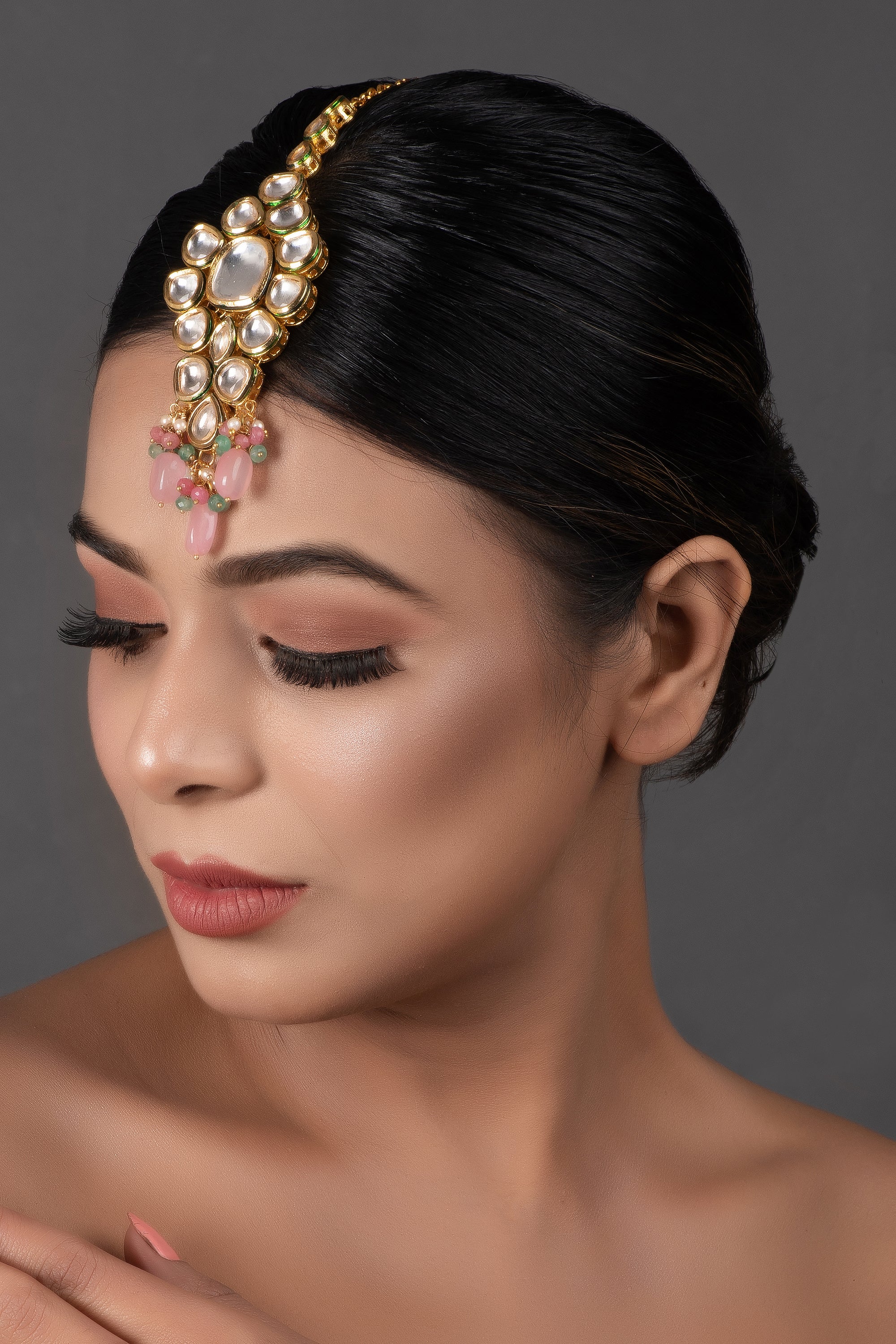 Pink Beaded Gold Tone Kundan Handcrafted Maang Tikka