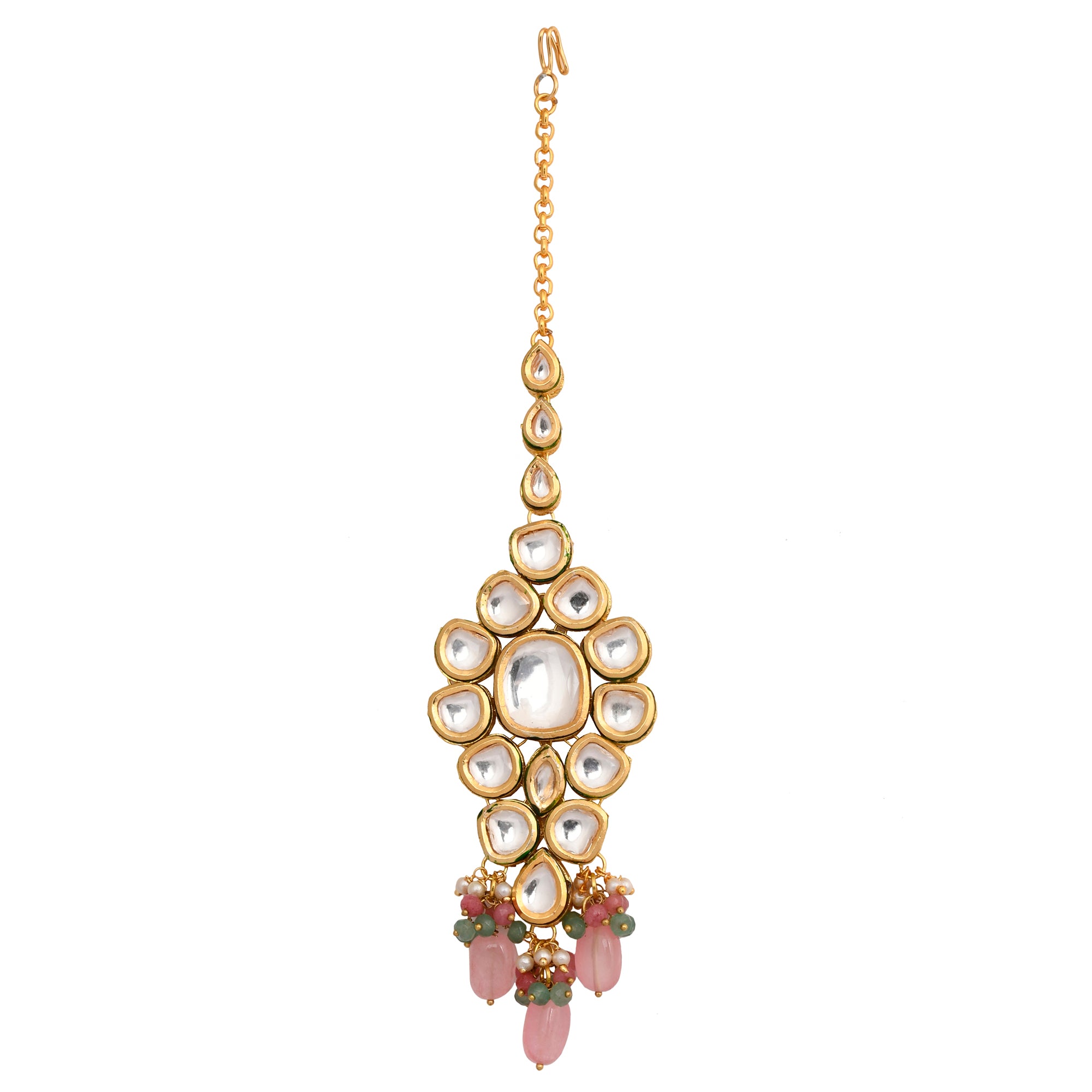 Pink Beaded Gold Tone Kundan Handcrafted Maang Tikka