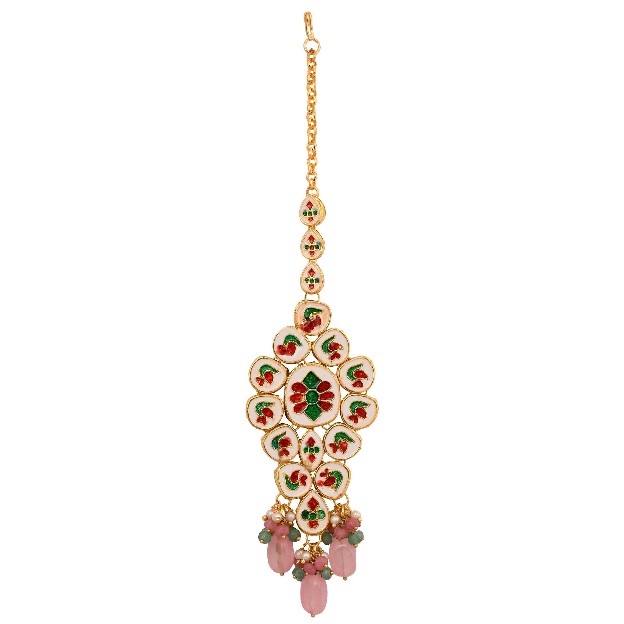 Pink Beaded Gold Tone Kundan Handcrafted Maang Tikka