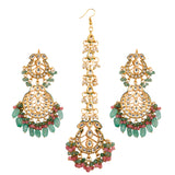 Pink Green Gold Tone Kundan Inspired Maang Tikka with Earrings