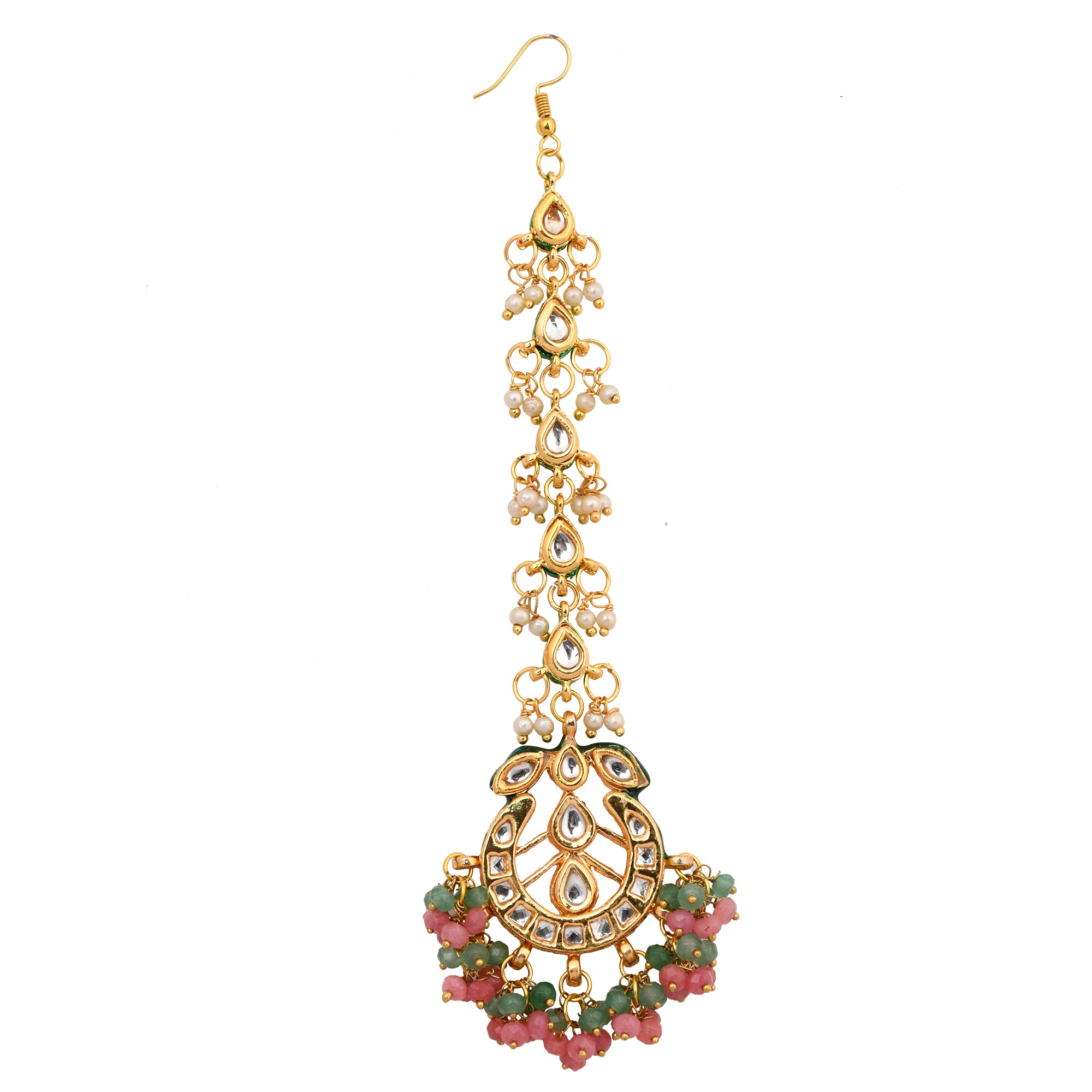 Pink Green Gold Tone Kundan Inspired Maang Tikka with Earrings