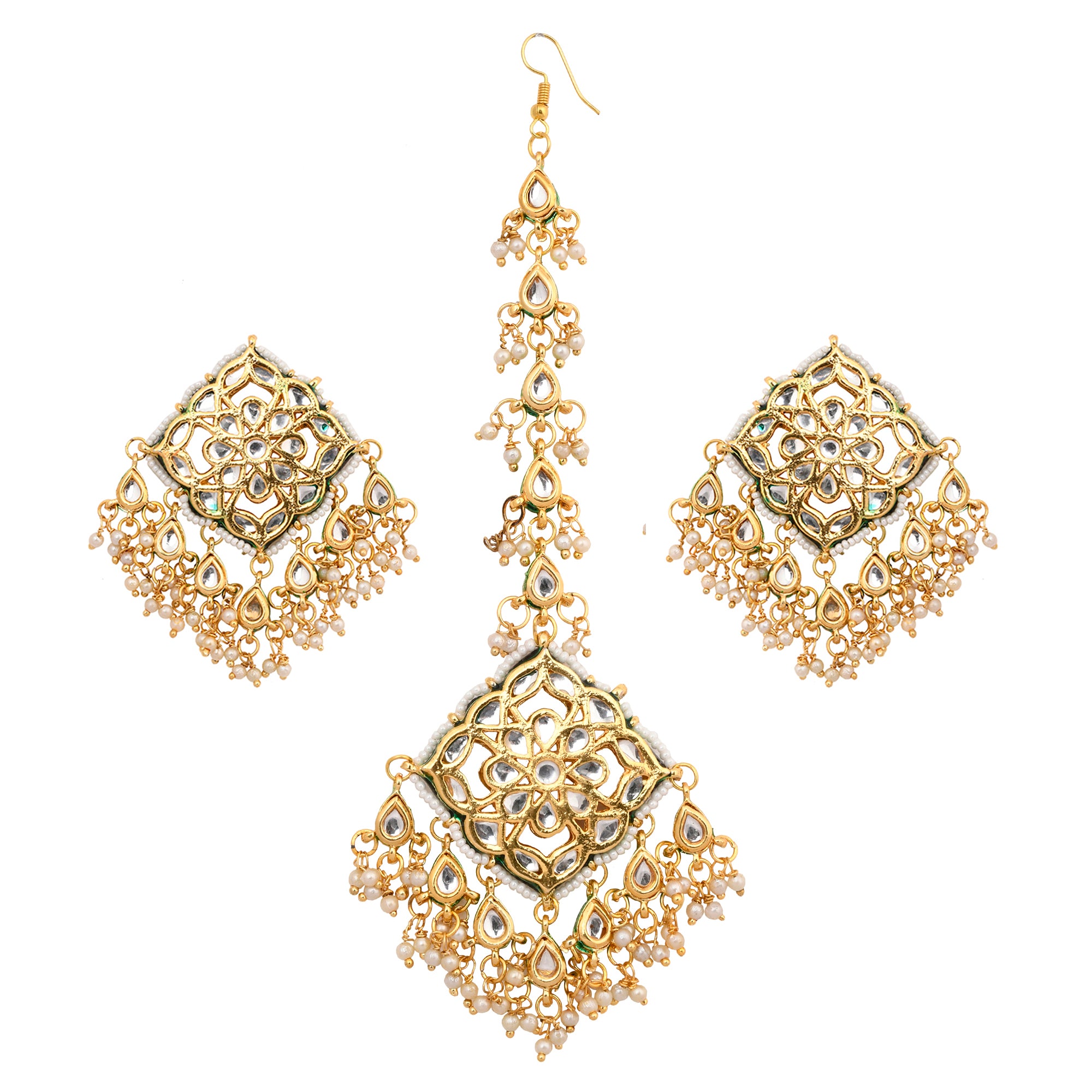 Gold tone Kundan inspired Maang Tikka with earrings