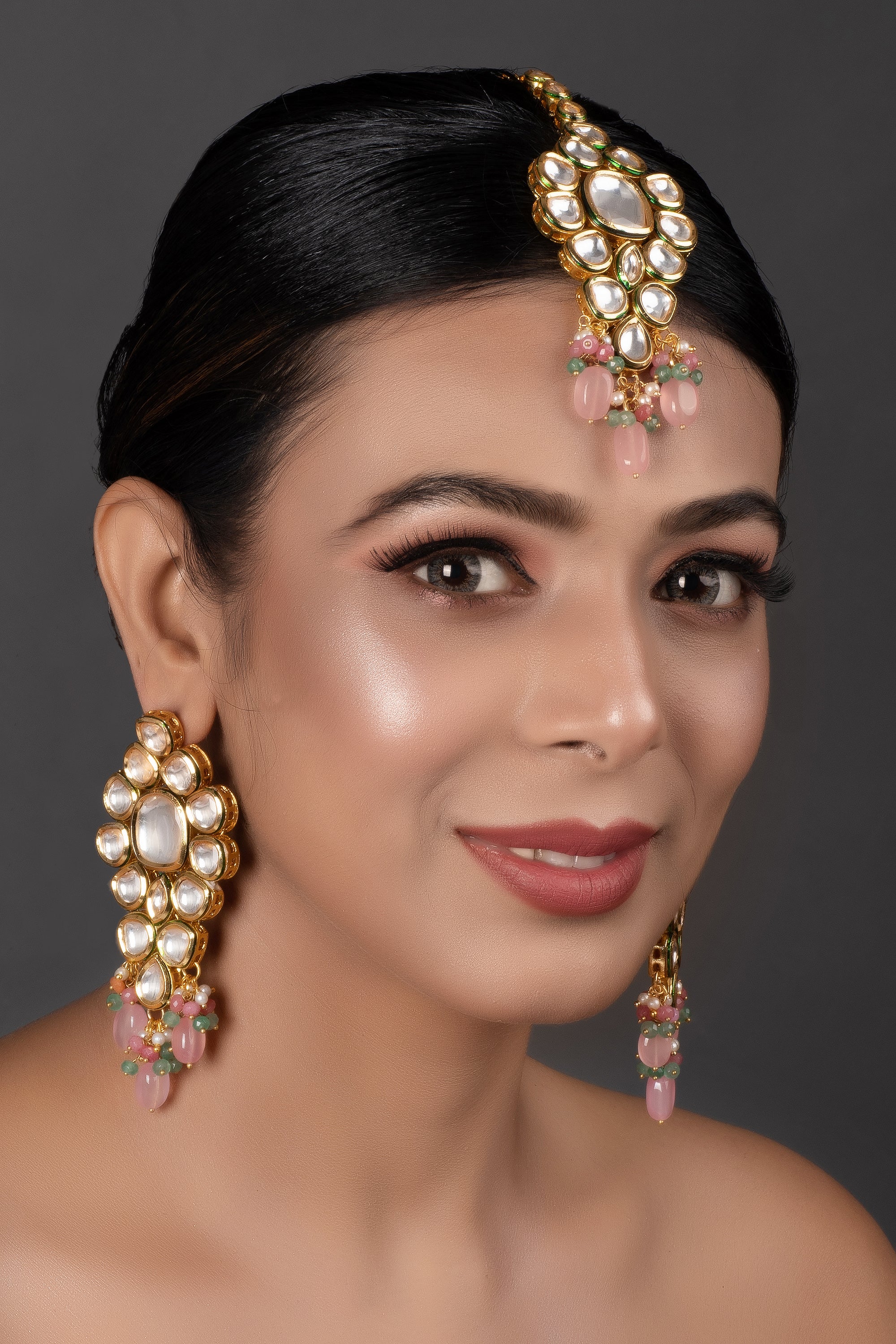 Classic Pink beaded Gold Tone Kundan Inspired Maang Tikka with Earrings