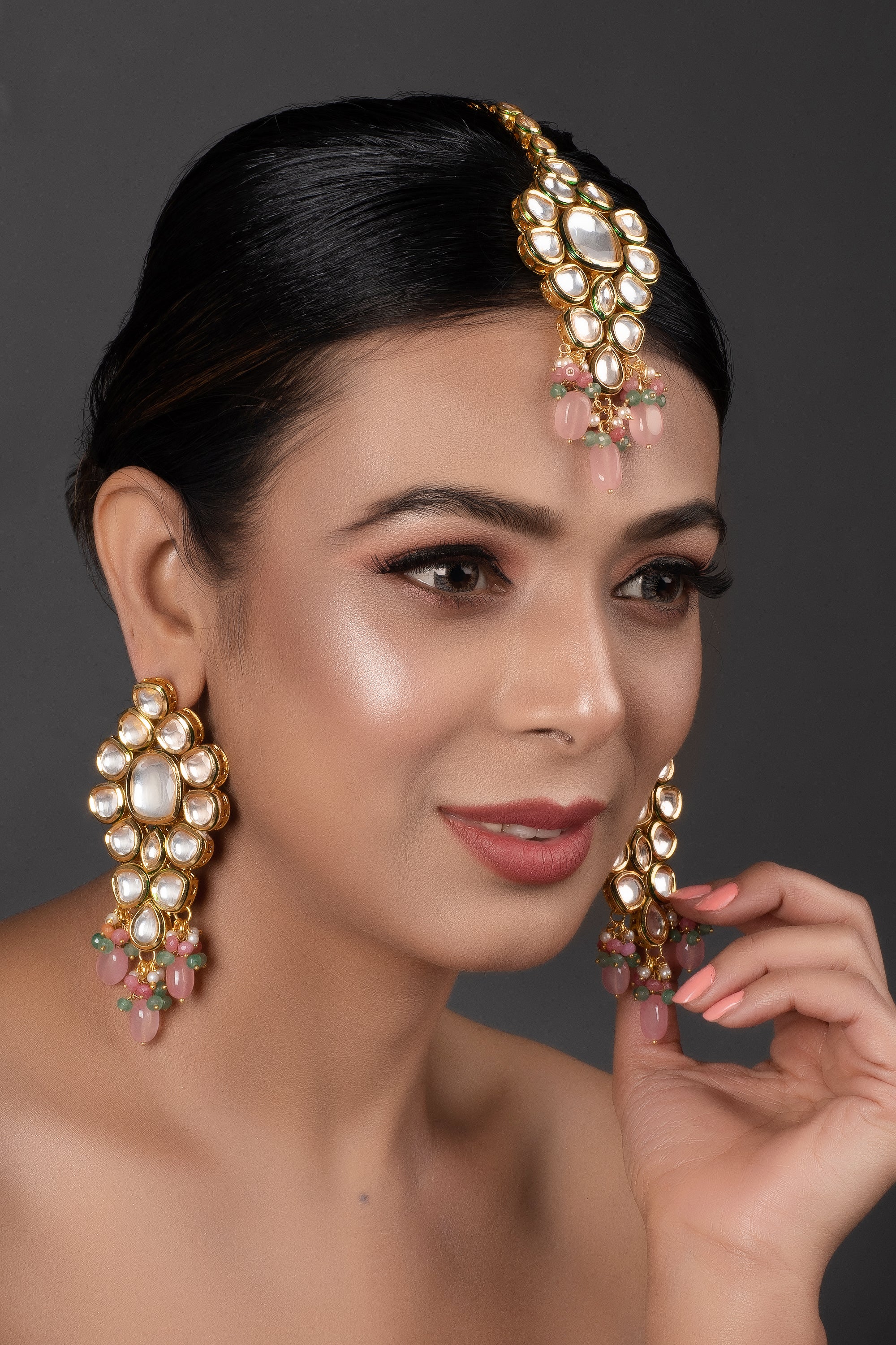 Classic Pink beaded Gold Tone Kundan Inspired Maang Tikka with Earrings