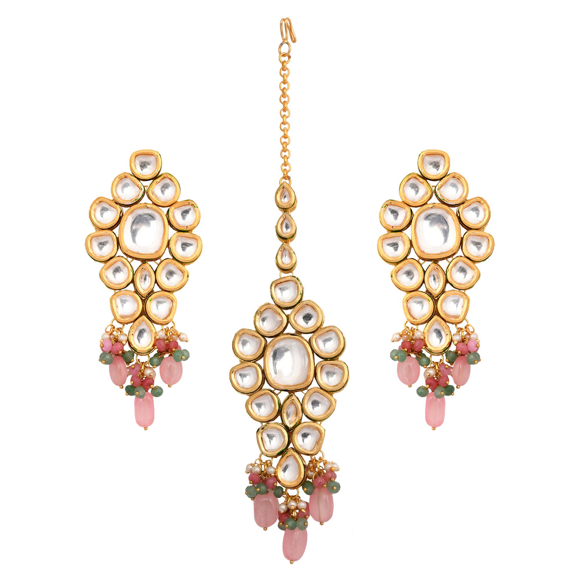 Classic Pink beaded Gold Tone Kundan Inspired Maang Tikka with Earrings
