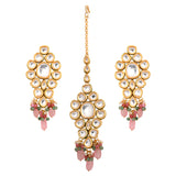 Classic Pink beaded Gold Tone Kundan Inspired Maang Tikka with Earrings