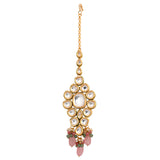 Classic Pink beaded Gold Tone Kundan Inspired Maang Tikka with Earrings