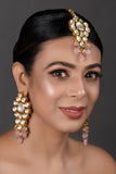 Classic Pink beaded Gold Tone Kundan Inspired Maang Tikka with Earrings