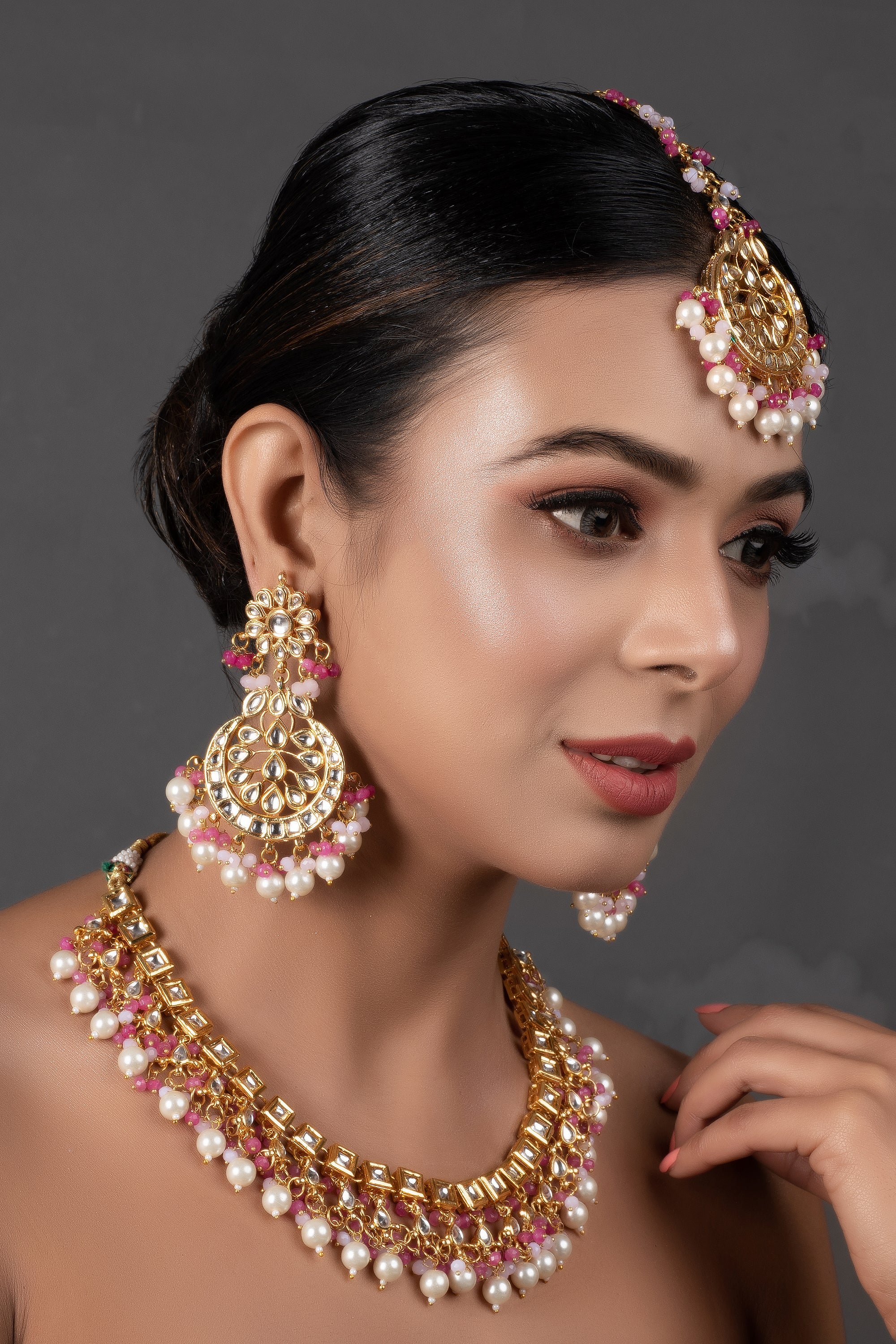 Pearl & Pink beaded Gold Tone Kundan Inspired Necklace with Earrings and Maang Tikka