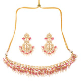 Pearl & Pink beaded Gold Tone Kundan Inspired Necklace with Earrings and Maang Tikka