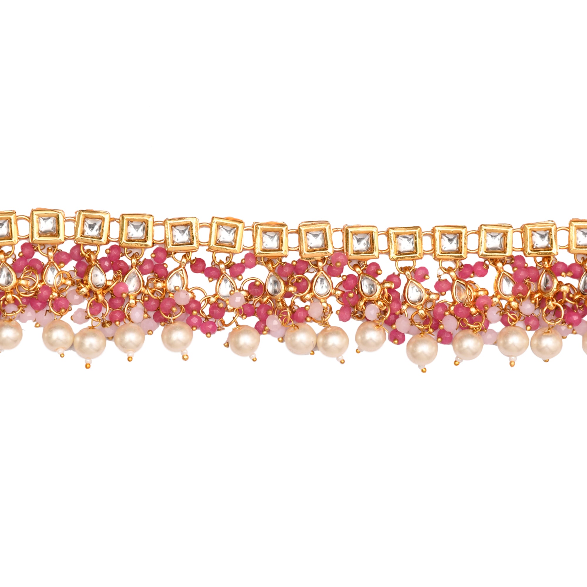 Pearl & Pink beaded Gold Tone Kundan Inspired Necklace with Earrings and Maang Tikka