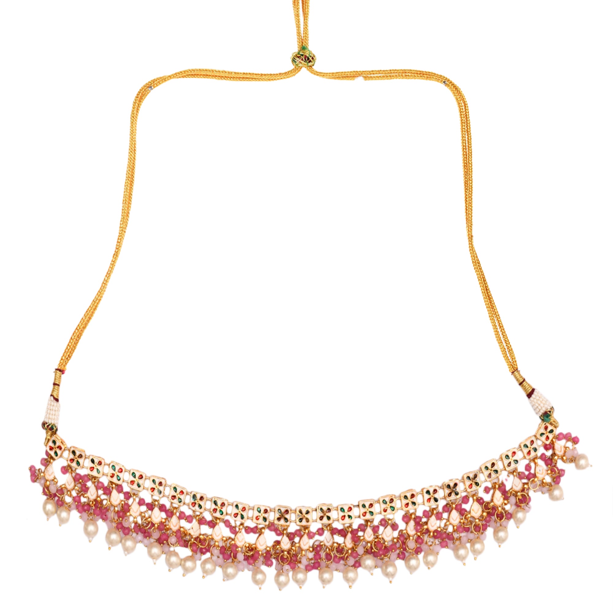 Pearl & Pink beaded Gold Tone Kundan Inspired Necklace with Earrings and Maang Tikka