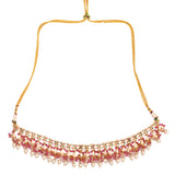 Pearl & Pink beaded Gold Tone Kundan Inspired Necklace with Earrings and Maang Tikka