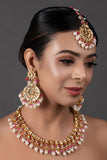 Pearl & Pink beaded Gold Tone Kundan Inspired Necklace with Earrings and Maang Tikka