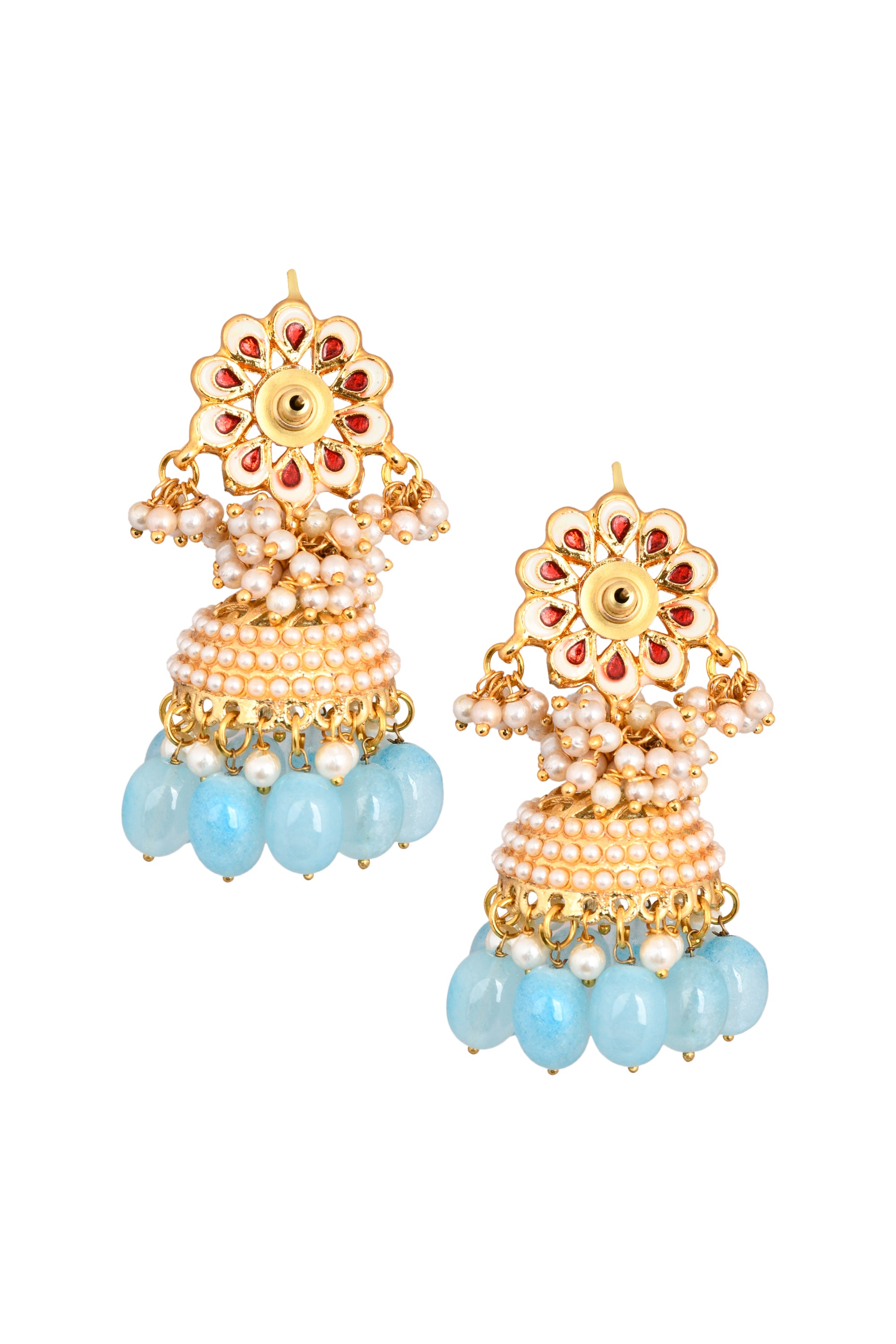 Gold tone Blue Pearl beaded kundan Jhumki